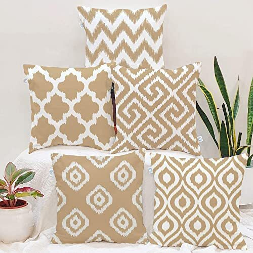 STITCHNEST Beige Geometrical Ikat Ethnic Printed Poly Cotton Cushion Covers, Beige Set of 5 (16 x 16 Inches)