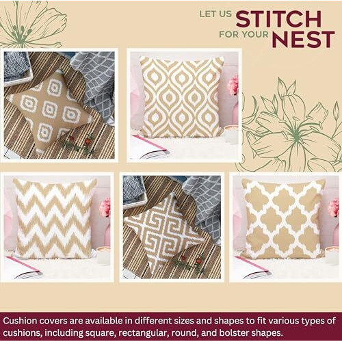 STITCHNEST Beige Geometrical Ikat Ethnic Printed Poly Cotton Cushion Covers, Beige Set of 5 (16 x 16 Inches)