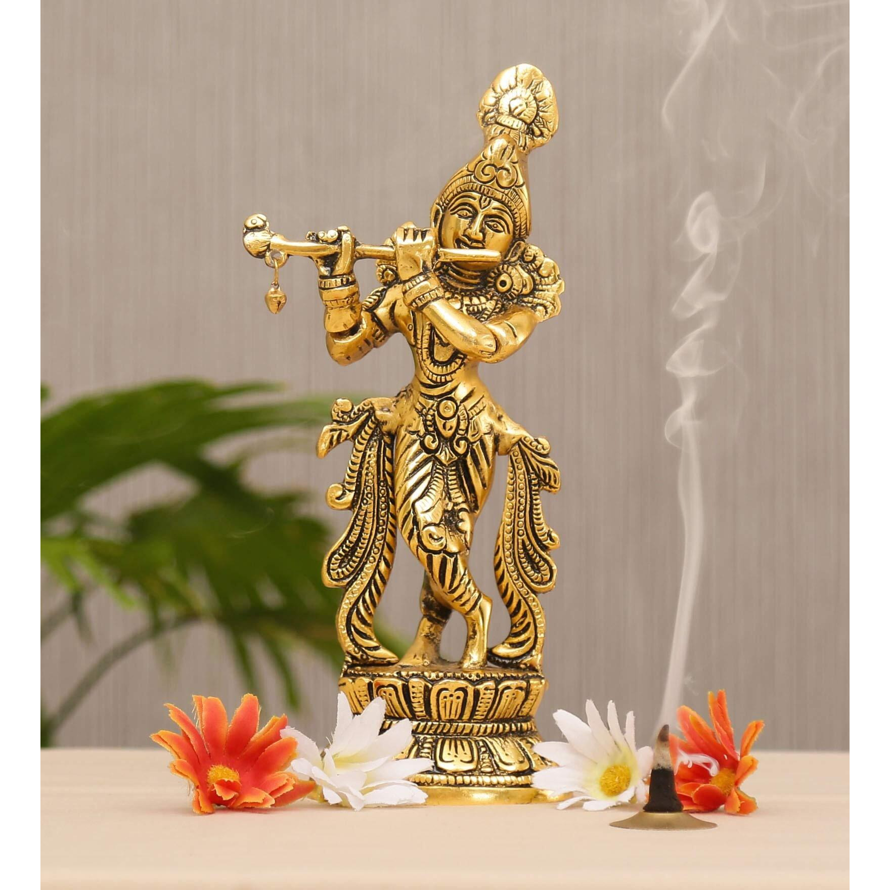 KridayKraft Lord Krishna Metal Statue,Krishna Murti Playing Flute for Temple Pooja,Decor Your Home,Office & Gift Your Relatives,Showpiece Figurines,Religious idol,Gift Article...