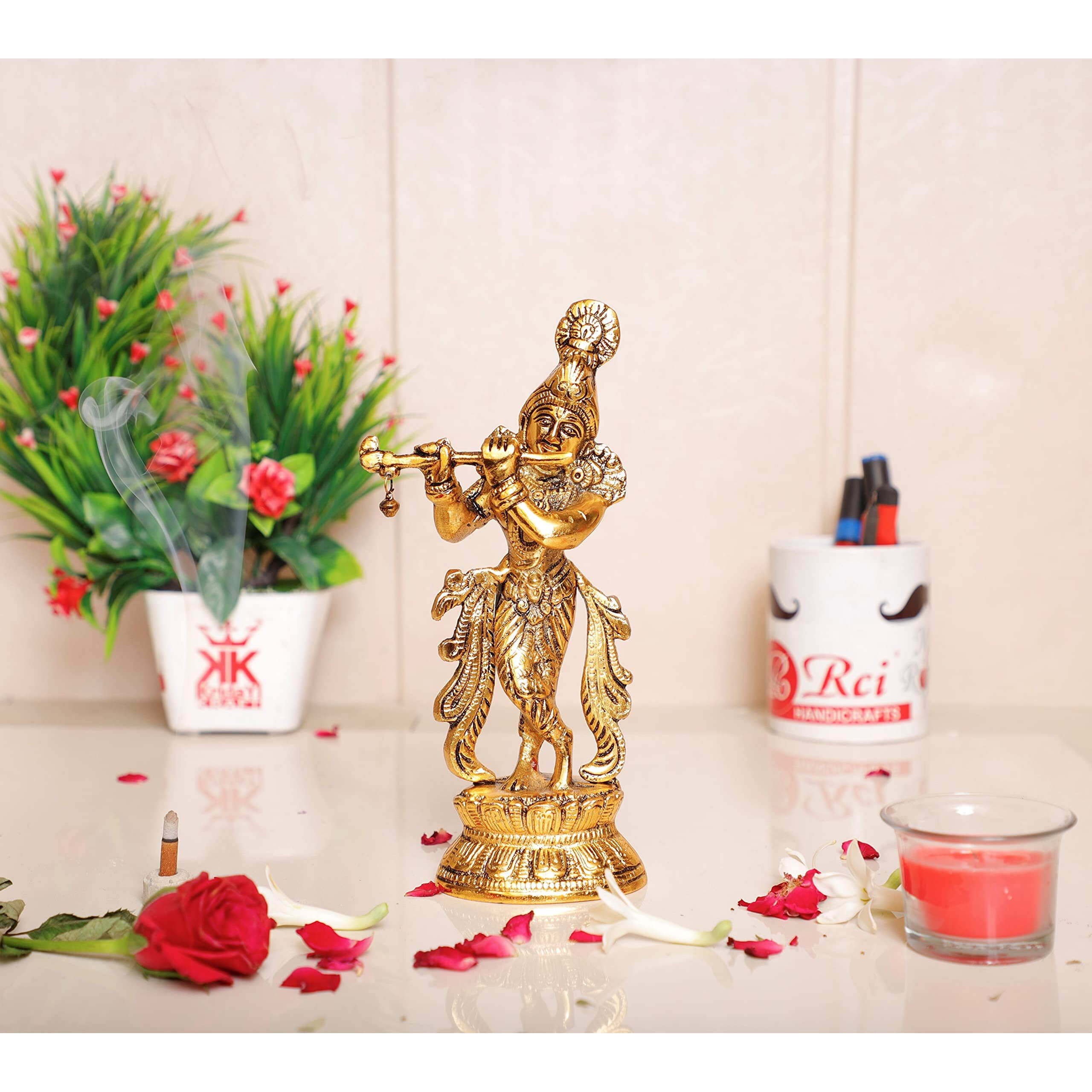 KridayKraft Lord Krishna Metal Statue,Krishna Murti Playing Flute for Temple Pooja,Decor Your Home,Office & Gift Your Relatives,Showpiece Figurines,Religious idol,Gift Article...