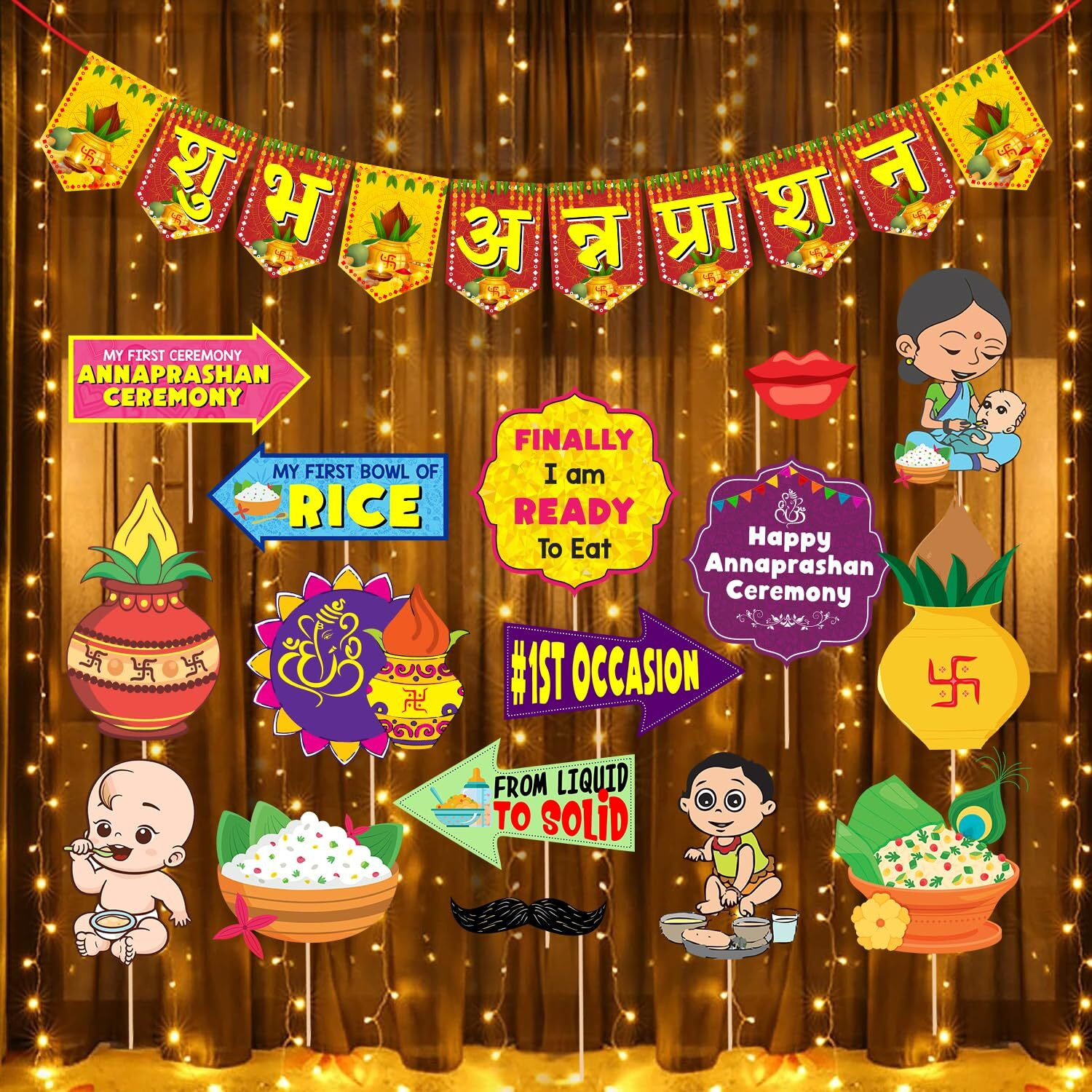 Zyozique  Annaprasanam Bunting Banner Hindi Font with Photo Booth Props and Rice Light | Rice Ceremony Decorations Items/Rice Ceremony Props (Pack of 18)