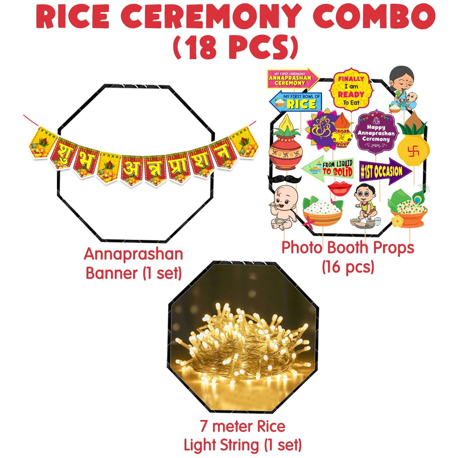 Zyozique  Annaprasanam Bunting Banner Hindi Font with Photo Booth Props and Rice Light | Rice Ceremony Decorations Items/Rice Ceremony Props (Pack of 18)