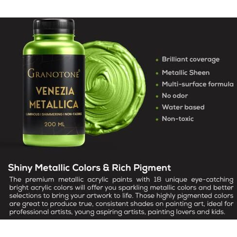 GRANOTONE Venezia Metallic Acrylic Paint 200 ML Extra Sheen NonFading Indoor/Outdoor Non-Toxic Multi-Surface For Artists Hobbyists & Kids Made in India Green