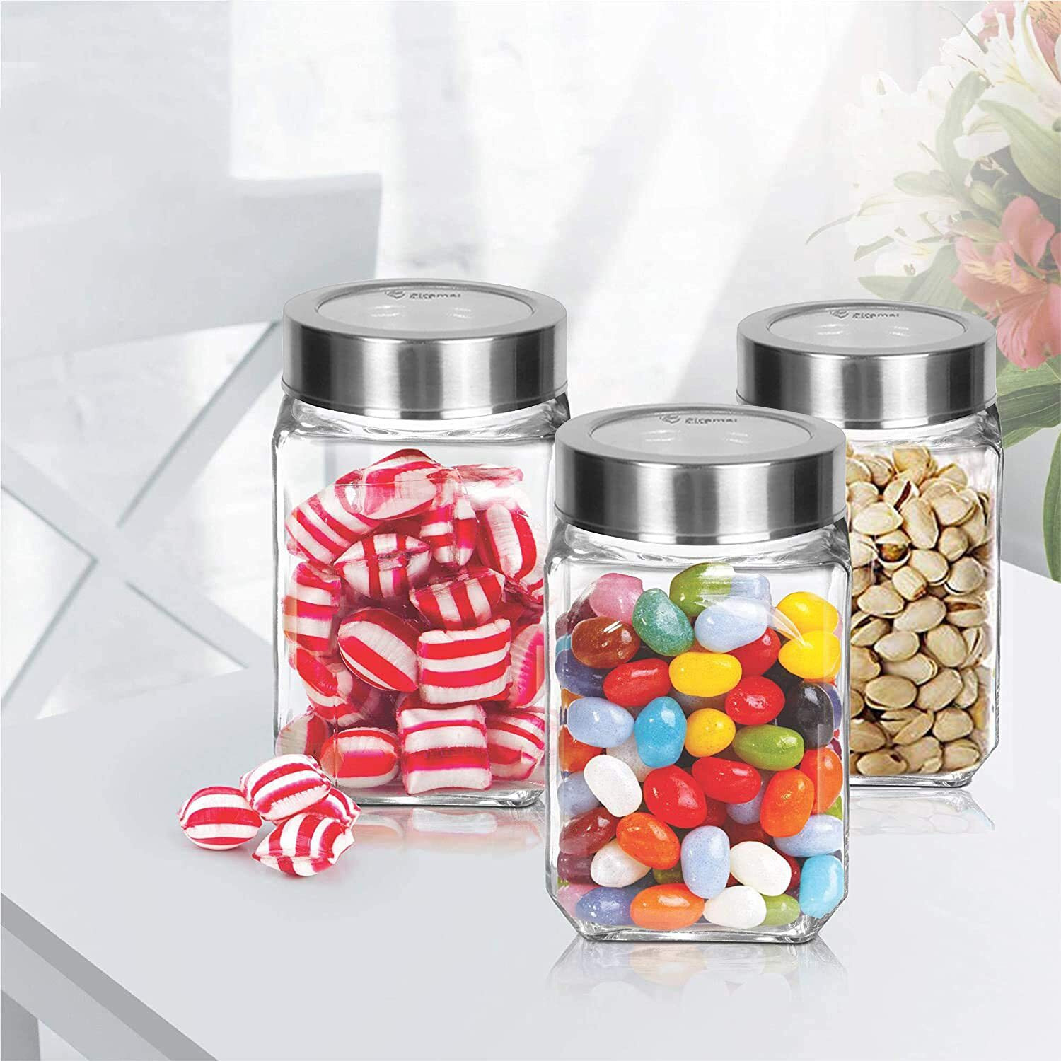 Brezzycloud Piraml Glass Cubical Square 300ml Transparent Glass Jars & Containers for Kitchen Pantry, Snacks, Honey, Jams, Pickles, Cookies, Dry Fruits, Coffee Beans Storage with Lid (Set Of 3)