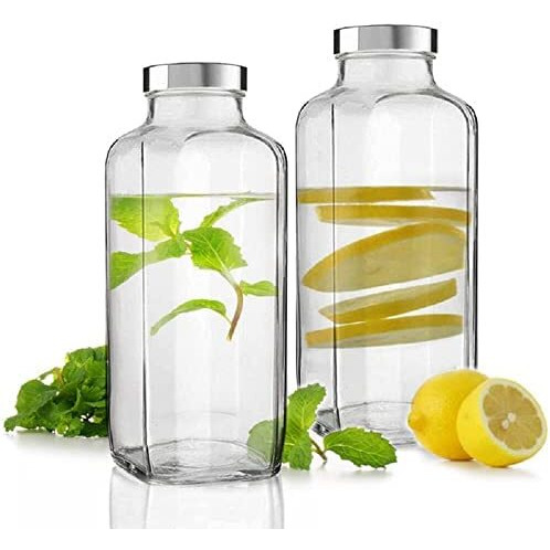 Vency Piramal Glass Travel Glass Drinking Fridge Bottle with Stainless Steel Lid for Home, Travel, Juicing, Water, Smoothie (1000ml French Square Bottle, Set Of 2)