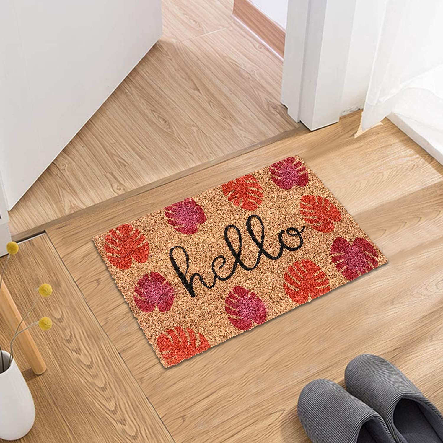 HOKIPO Natural Coconut Coir Printed Doormat for Home Entrance, 40 x 60 cm, Pink (IN-472-PNK)