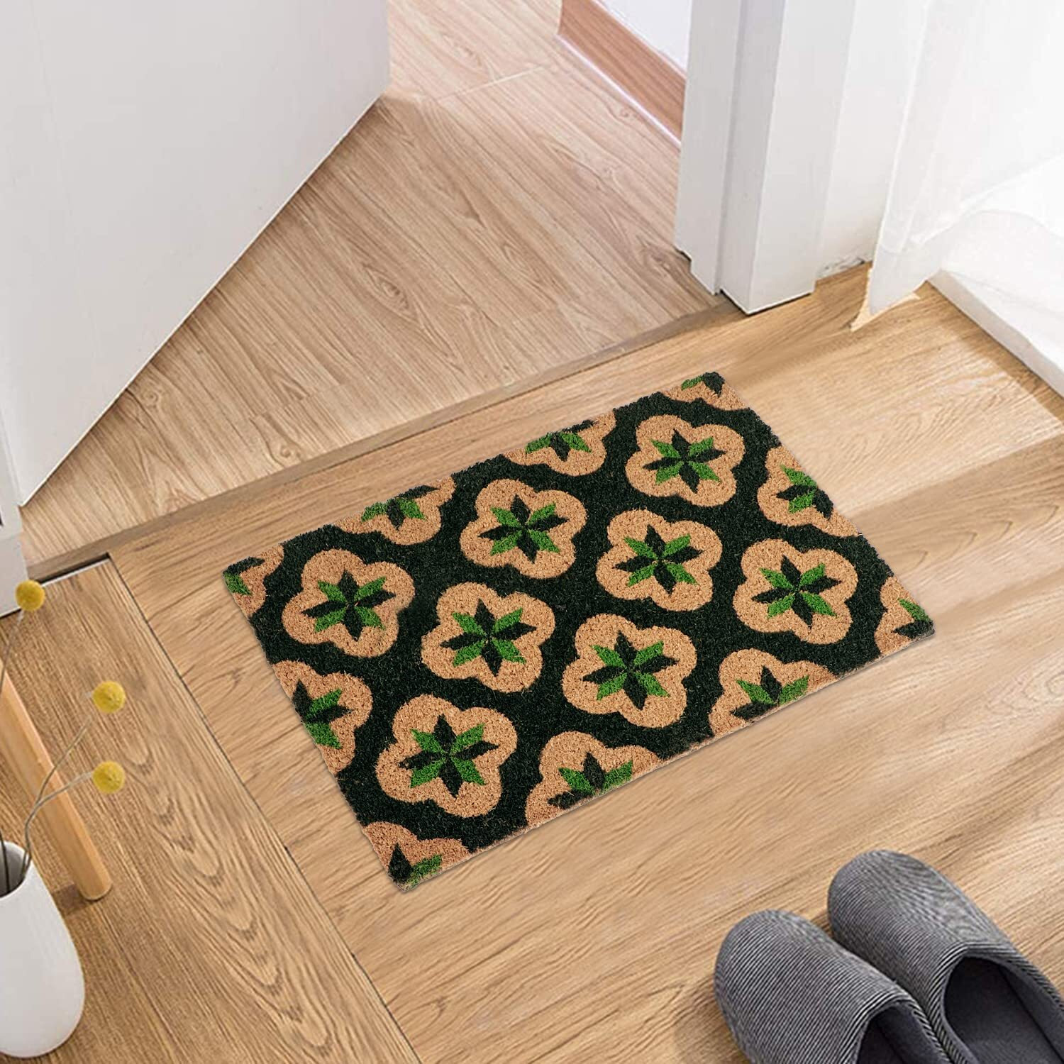 HOKIPO 40x60 cm Natural Coconut Coir Mat for Entrance with Antislip PVC Backing, Green (IN-471-GR)