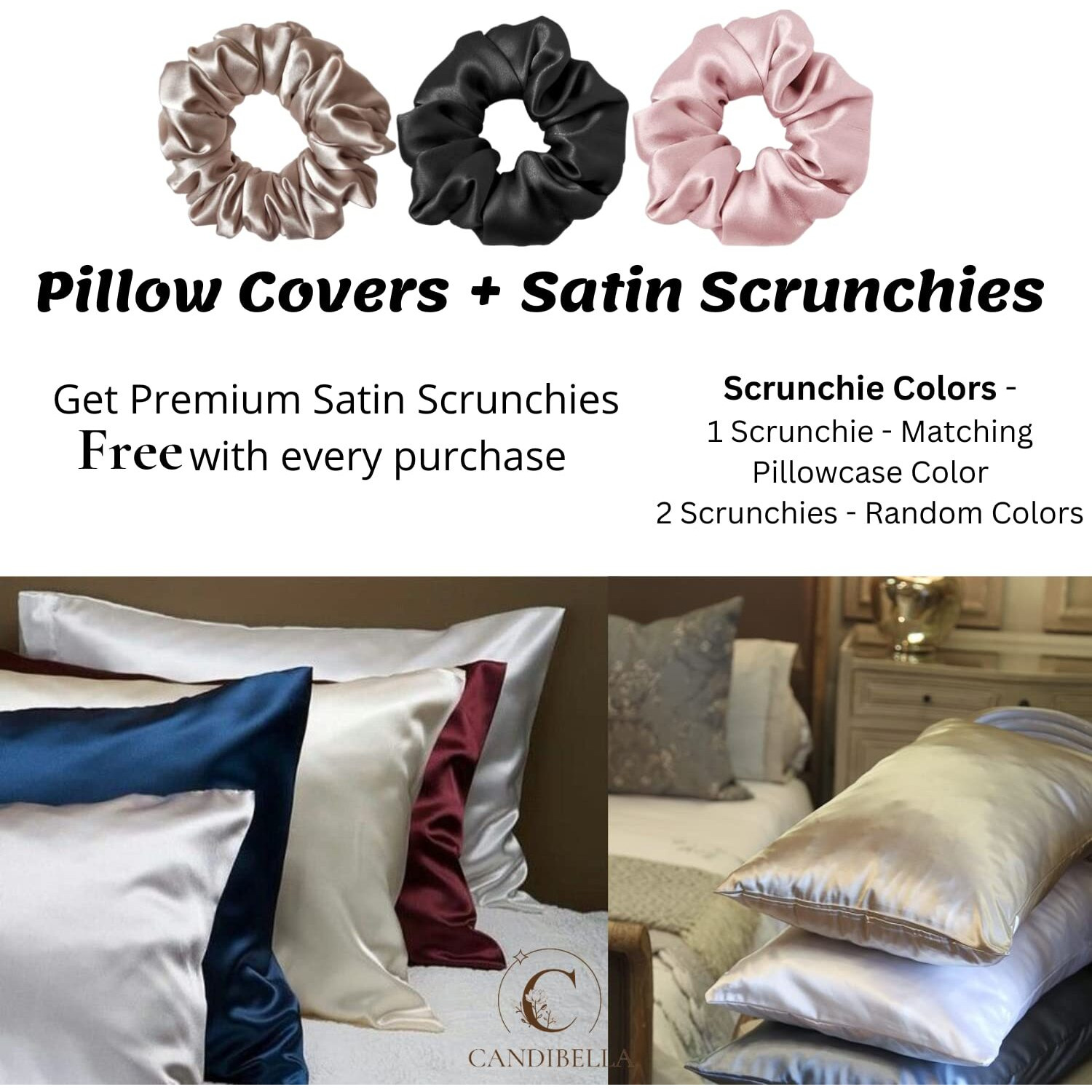 Candibellas Satin Silk Pillow Covers for Hair and Skin, Pack of 2 Satin Pillow Cover with 3 Satin Scrunchies for Women, Luxurious Silk Pillow Covers with Envelope Closure, 400 TC (Rose Taupe)