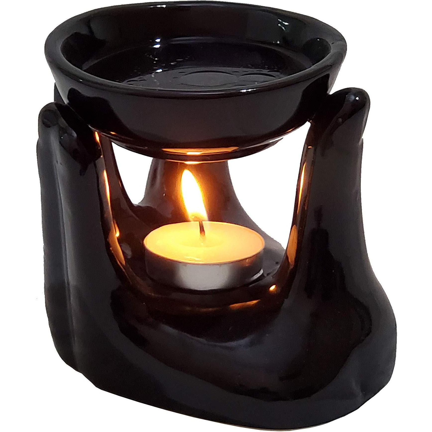 Pure Source India Oil Burner for Home, Office, with 1 Tea Light Candle, Made by Porcelain (Black)