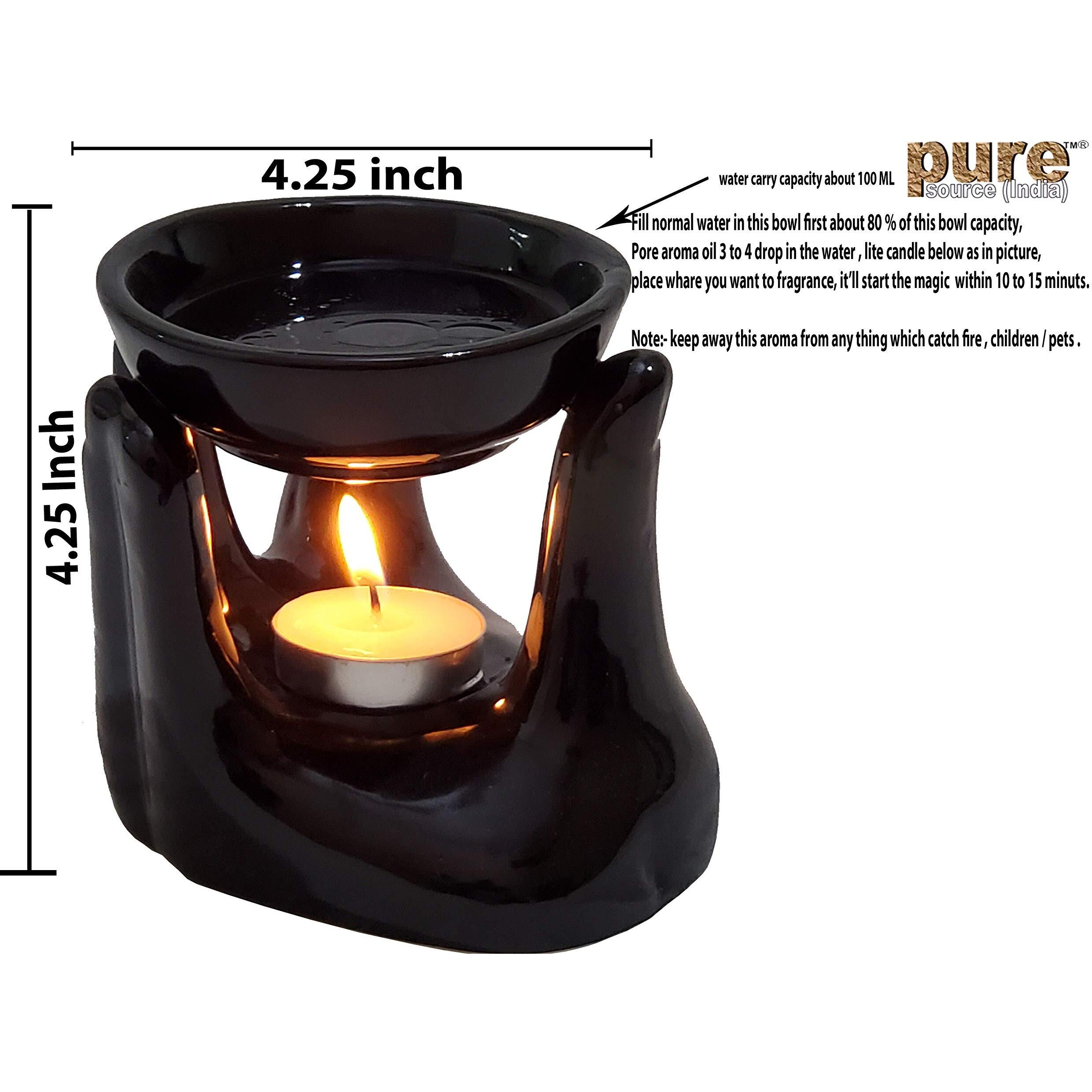 Pure Source India Oil Burner for Home, Office, with 1 Tea Light Candle, Made by Porcelain (Black)