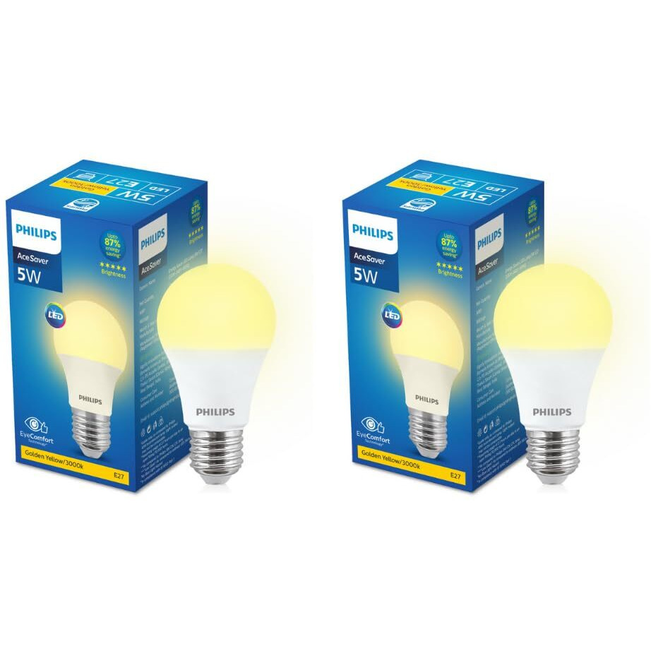 PHILIPS 5-watt LED Bulb | AceSaver LED Bulb | Base E27 Light Bulb for Home | Warm White, Pack of 2