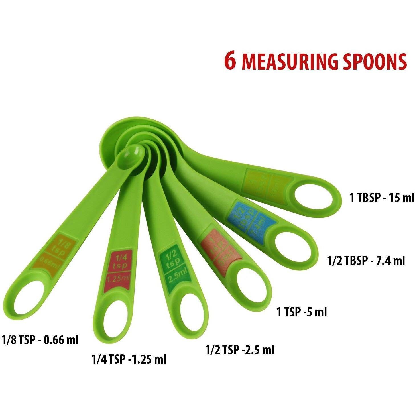 INKULTURE Plastic Measuring Cups and Spoon Set with Ring Holder| 12 Piece Set | Green