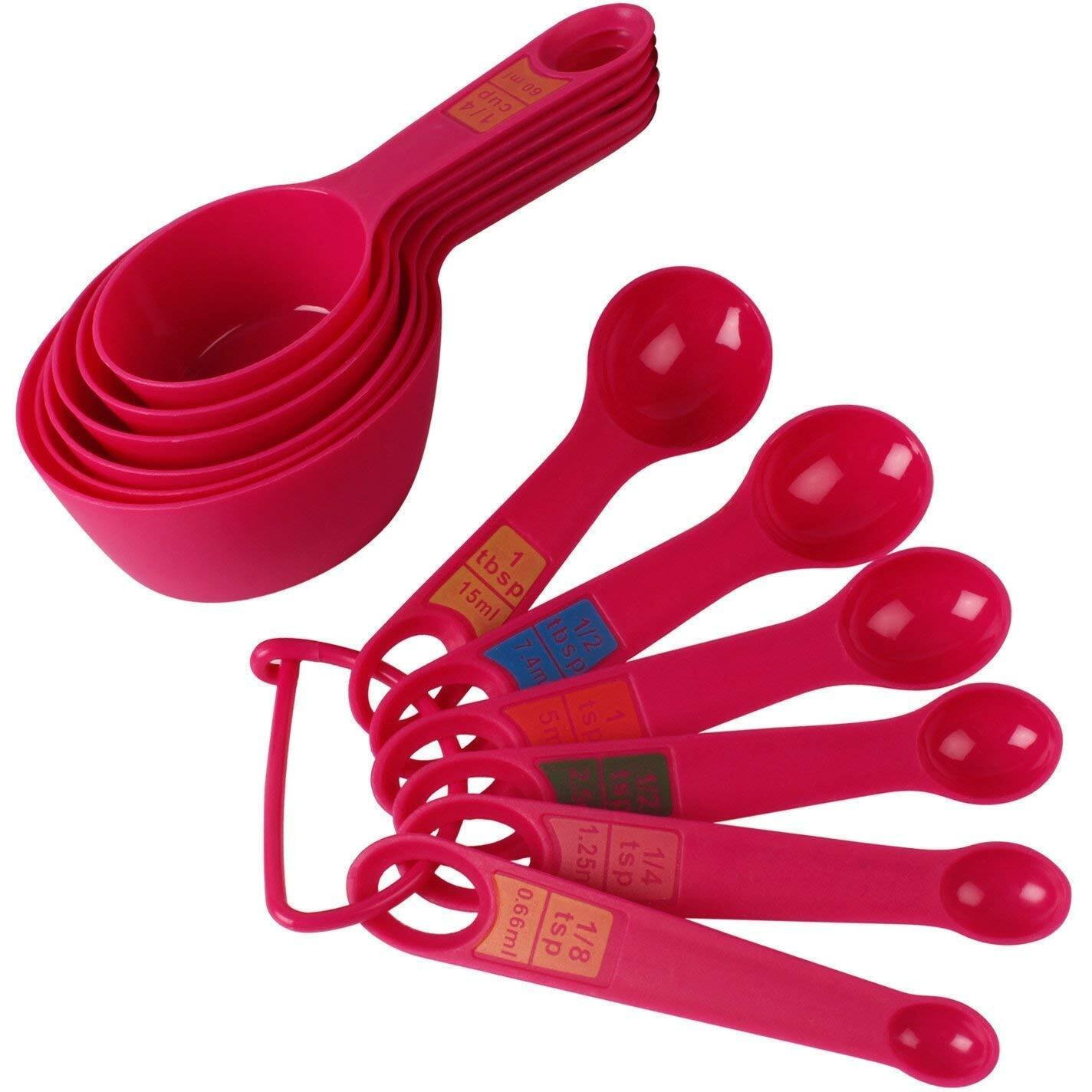 INKULTURE Plastic Measuring Cups and Spoon Set with Ring Holder| 12 Piece Set | Pink