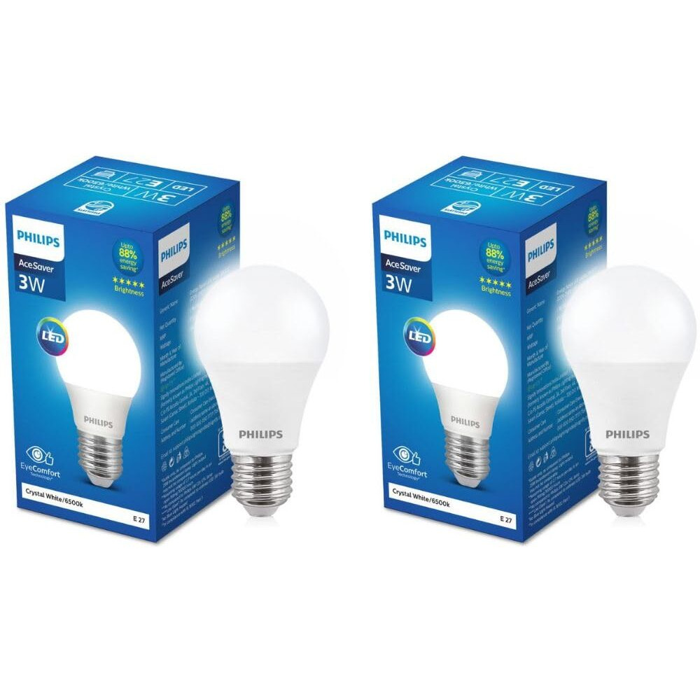 PHILIPS 3-watt LED Bulb | AceSaver LED Bulb | Base E27 Light Bulb for Home | Crystal White, Pack of 2