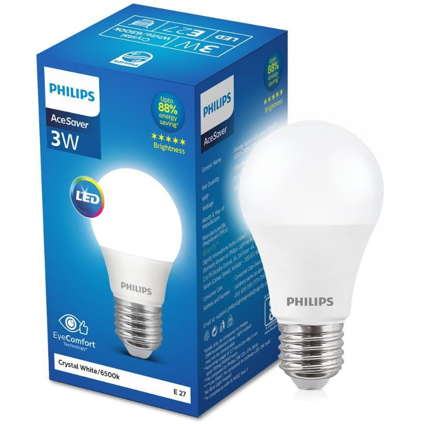 PHILIPS 3-watt LED Bulb | AceSaver LED Bulb | Base E27 Light Bulb for Home | Crystal White, Pack of 2