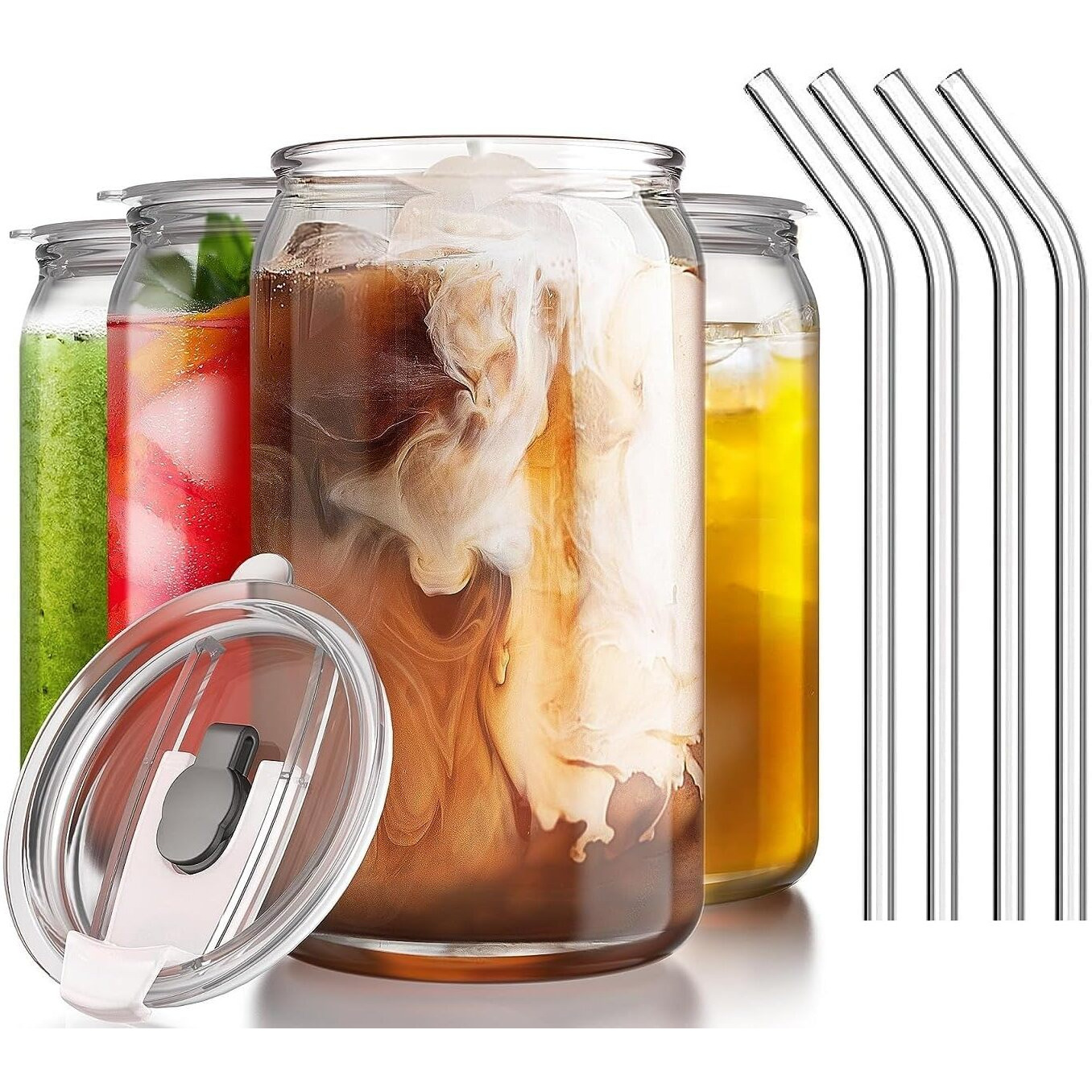 KiKiluxxa Beer Can Glass Tumbler With Straw And Acyrilc Lid - 540Ml- Pack Of 1 - Mojito Sipper Mug With Lid For Kids Milk Cup With Straw (Salvador Can 1), Transparent