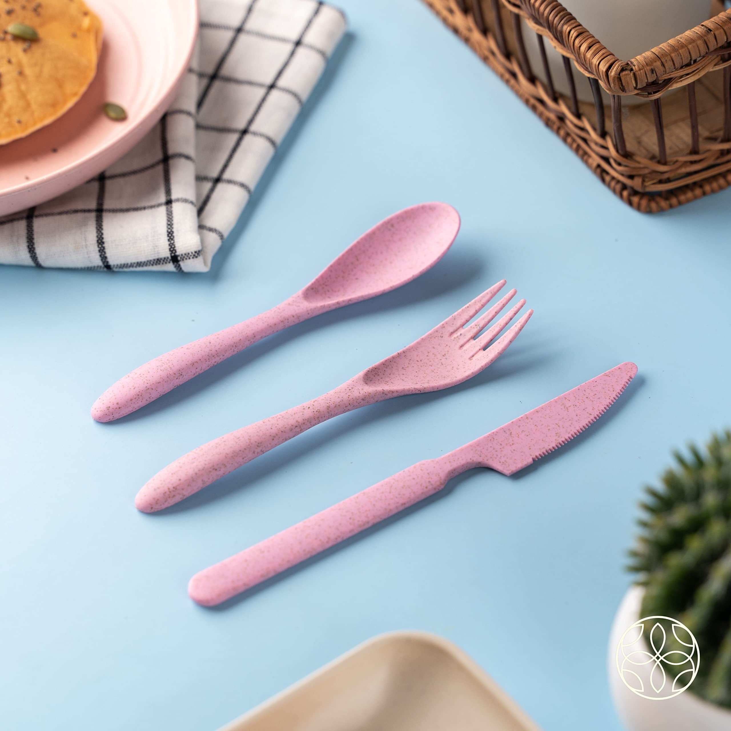 IRIDA NATURALS Unbreakable Wheat Straw Cutlery Set - (Plush Pink) Portable Fork and Spoon Set with Travel Case & Spoon Box for School, Reusable, Light Weight, EcoFriendly & Dishwasher Safe