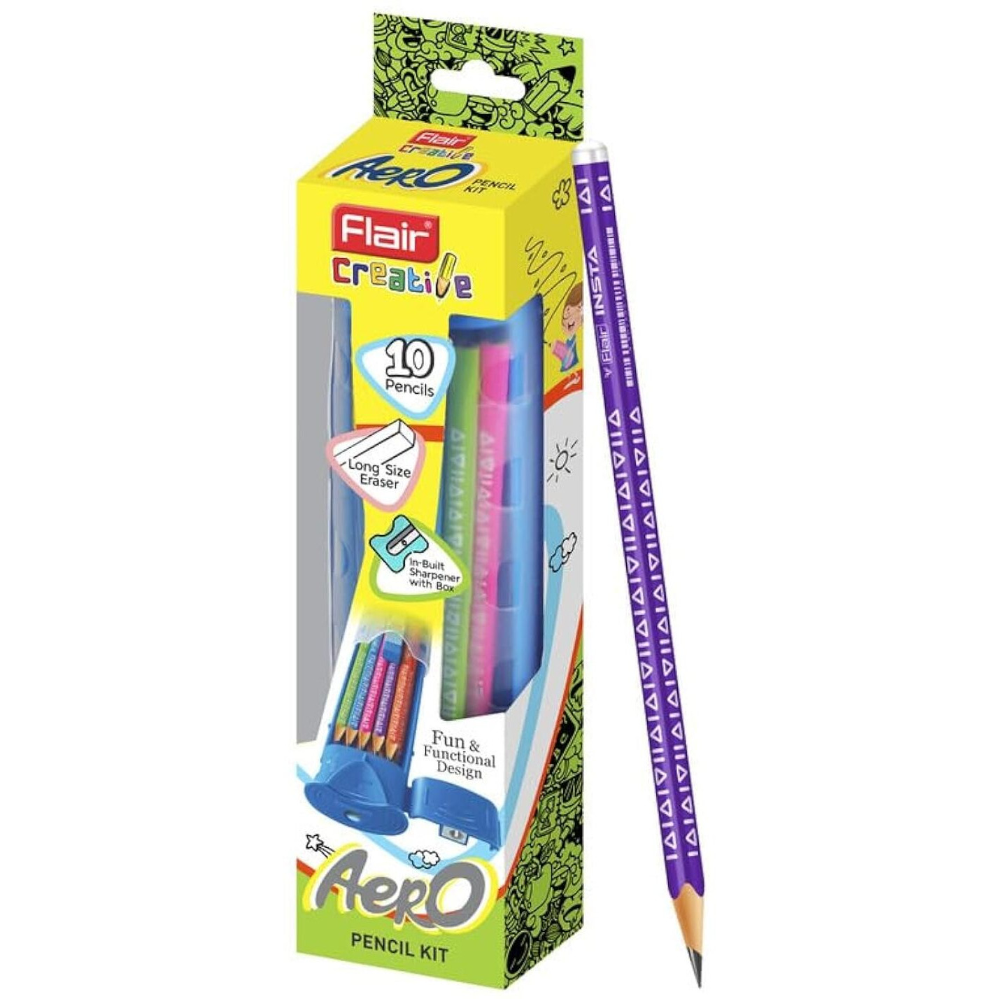 FLAIR Creative Series Aero Pencil Smart Kit | Colourful 2B Lead Pencils | Fun & Functional Box | Stationery Kit Ideal For Gifting | Set Of 10 Wooden Pencils, 1 Eraser & 1 In-Built Sharpener.