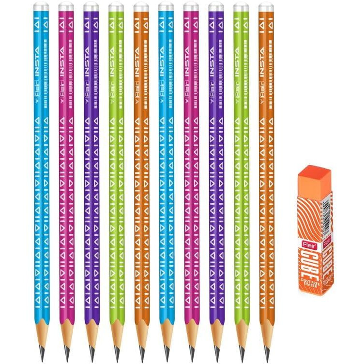 FLAIR Creative Series Aero Pencil Smart Kit | Colourful 2B Lead Pencils | Fun & Functional Box | Stationery Kit Ideal For Gifting | Set Of 10 Wooden Pencils, 1 Eraser & 1 In-Built Sharpener.