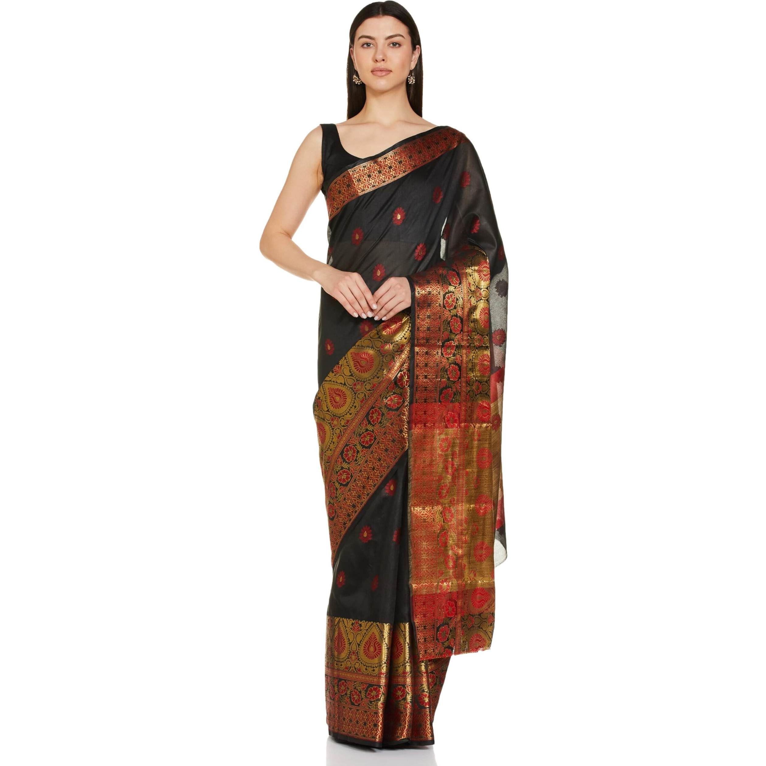 VAIVIDHYAM Womens Banarasi Cotton Silk Saree With Blouse Piece (SAREE FOR WOMENS 02_Black)