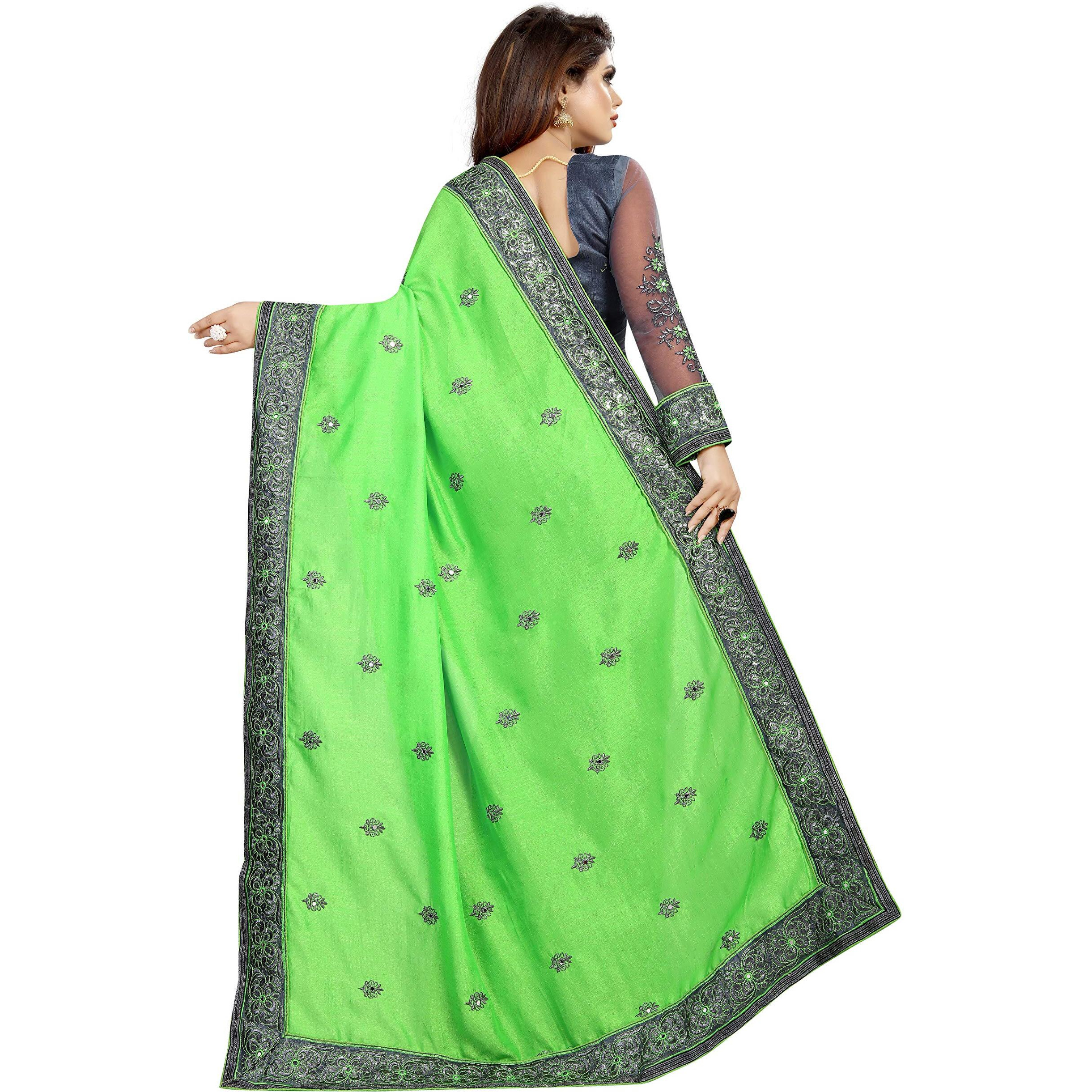 B BELLA CREATION Woven Womens Vichitra Net Saree with Banglori Silk Blouse Piece (Parrot Grey) (B Bella lycra