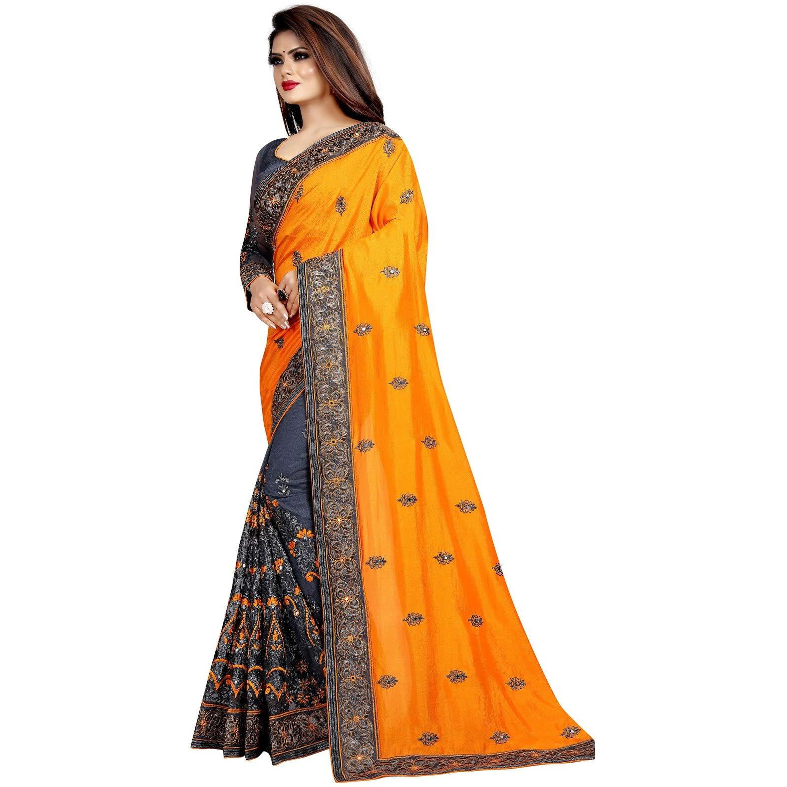 B BELLA CREATION Woven Blend Womens Vichitra Net Saree with Banglori Silk Blouse Piece (Mustard and Grey) (B Bella Lycra