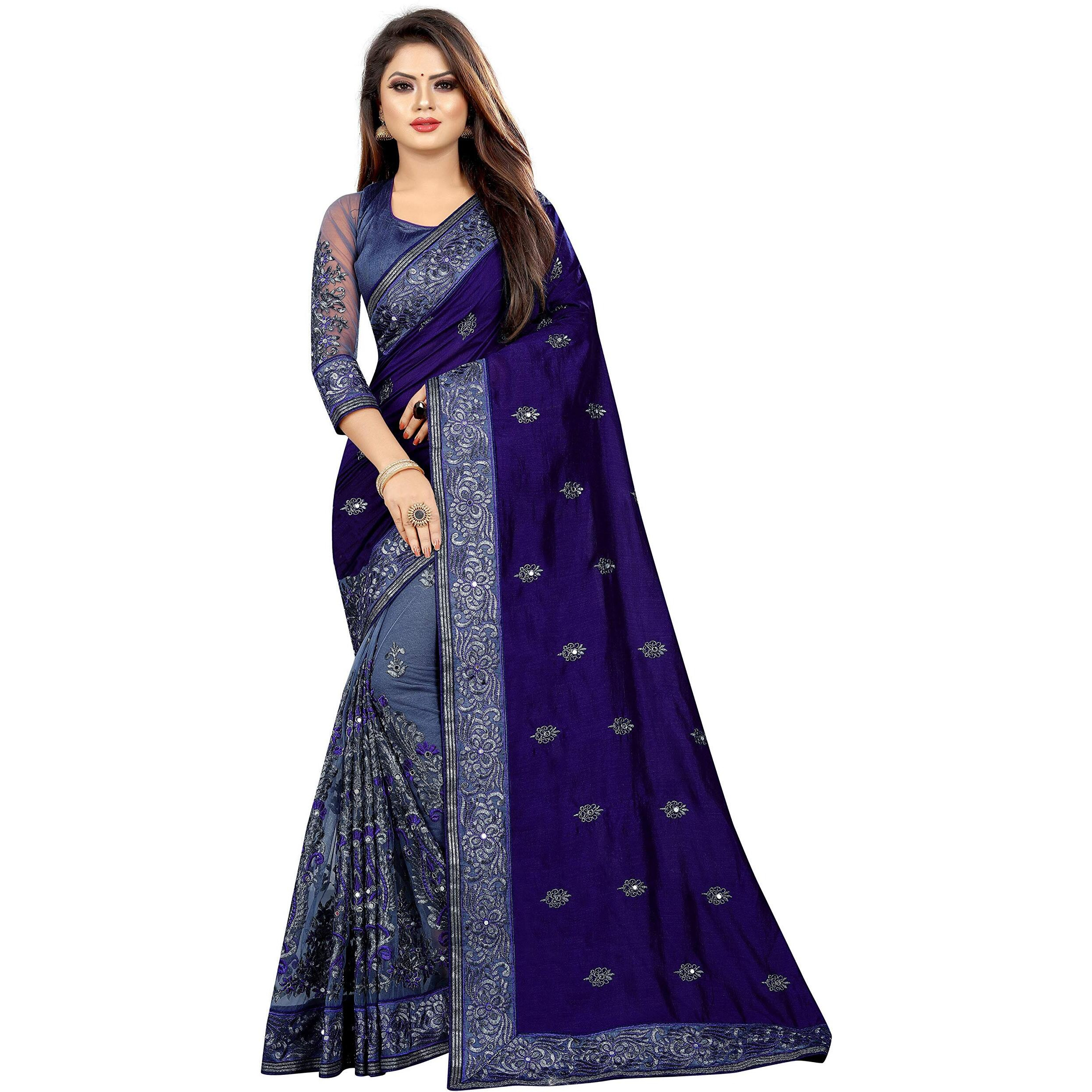 B BELLA CREATION Woven Art Womens Vichitra Silk & Net Saree with Banglori Silk Blouse Piece (Blue) (B Bella Lycra