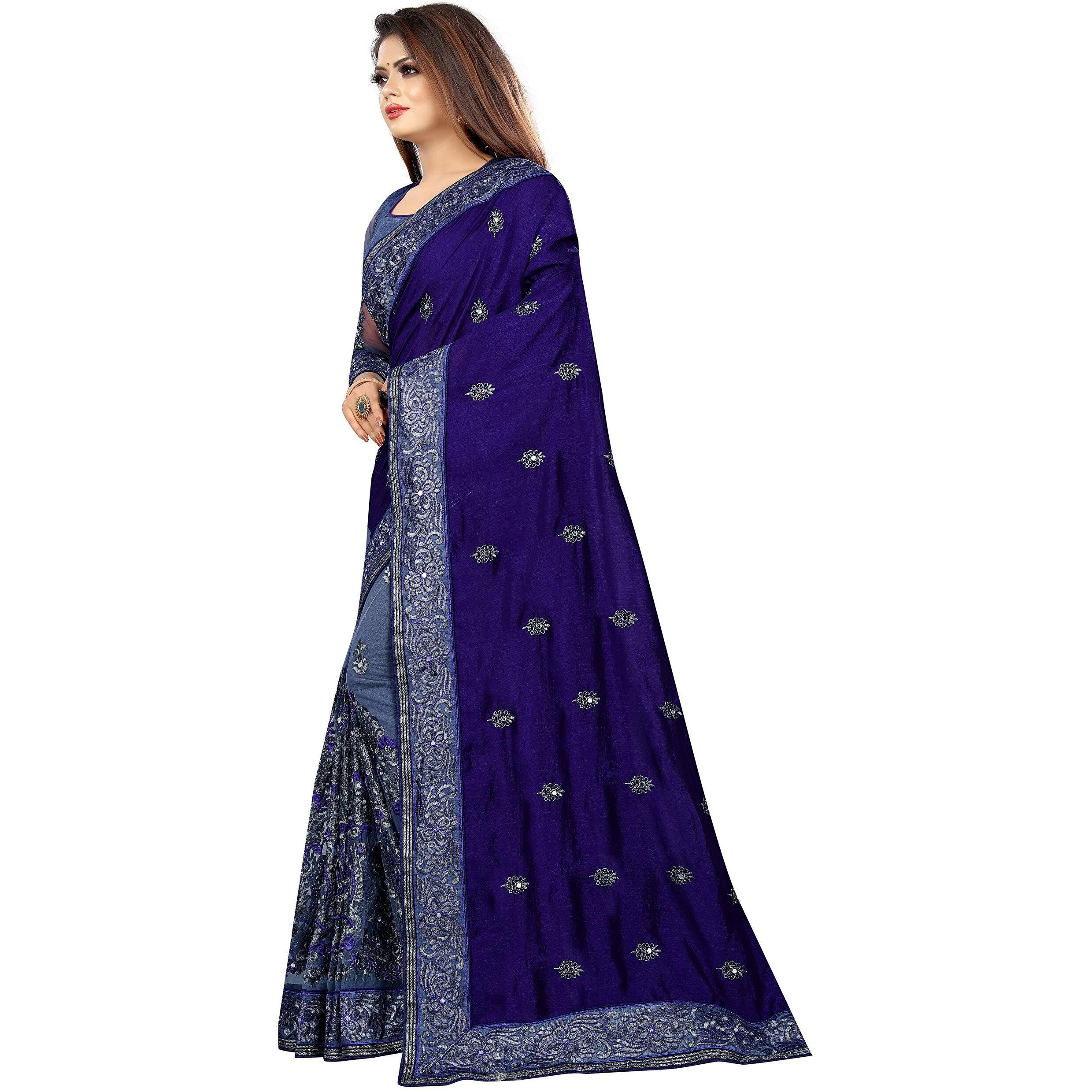 B BELLA CREATION Woven Art Womens Vichitra Silk & Net Saree with Banglori Silk Blouse Piece (Blue) (B Bella Lycra