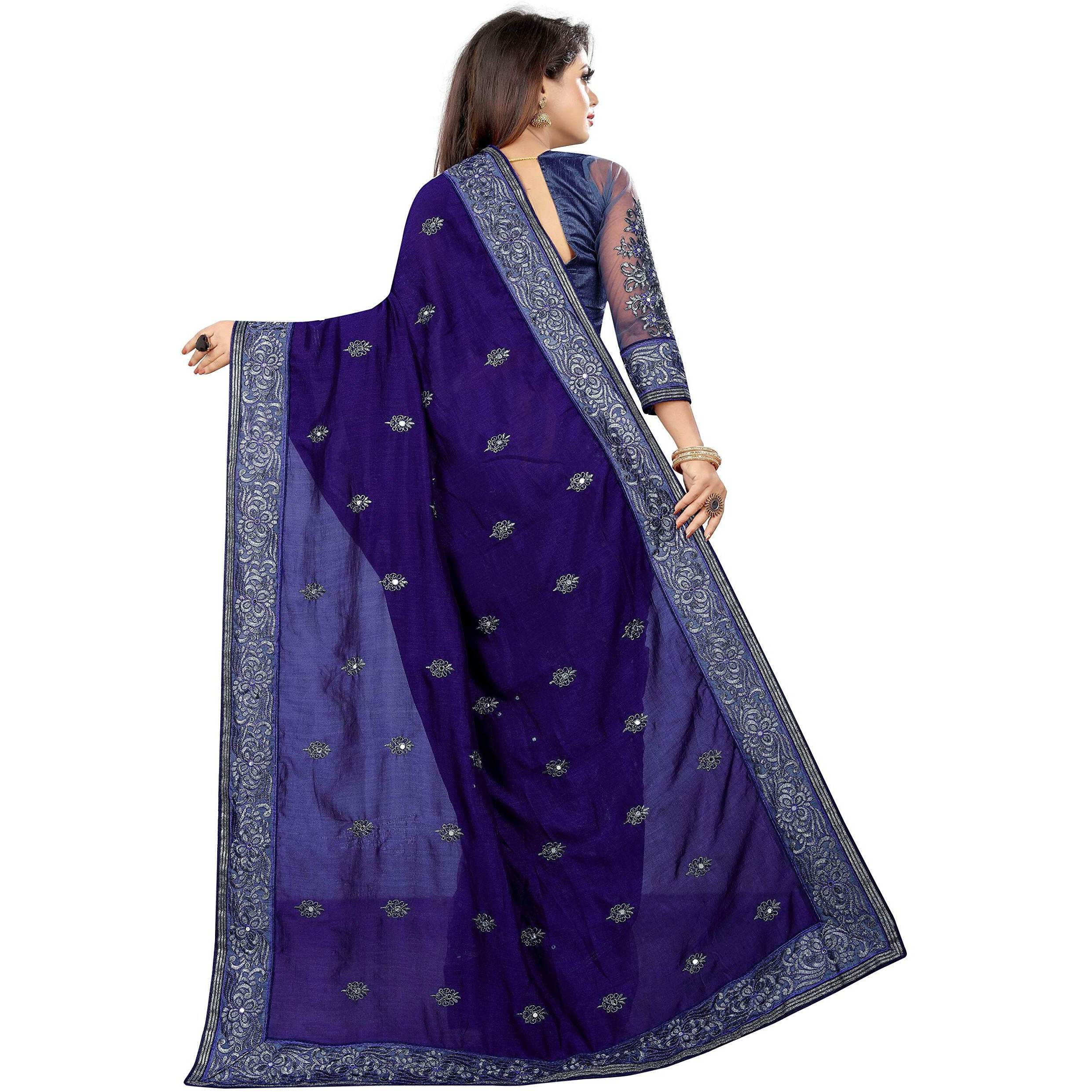 B BELLA CREATION Woven Art Womens Vichitra Silk & Net Saree with Banglori Silk Blouse Piece (Blue) (B Bella Lycra