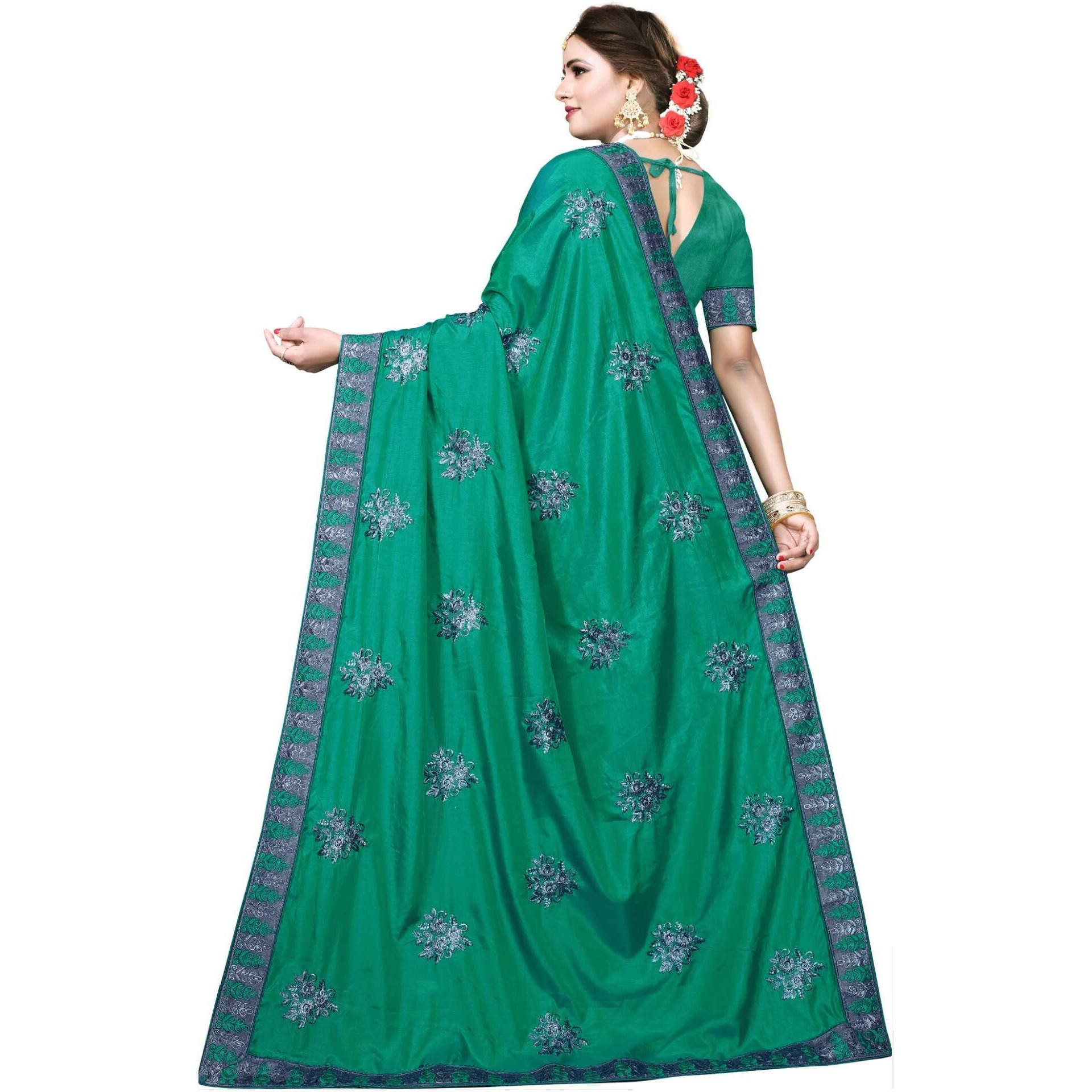 B BELLA CREATION Woven Pure Womens Vichitra Saree with Banglori Silk Blouse Piece (Green) (B Bella-KGF