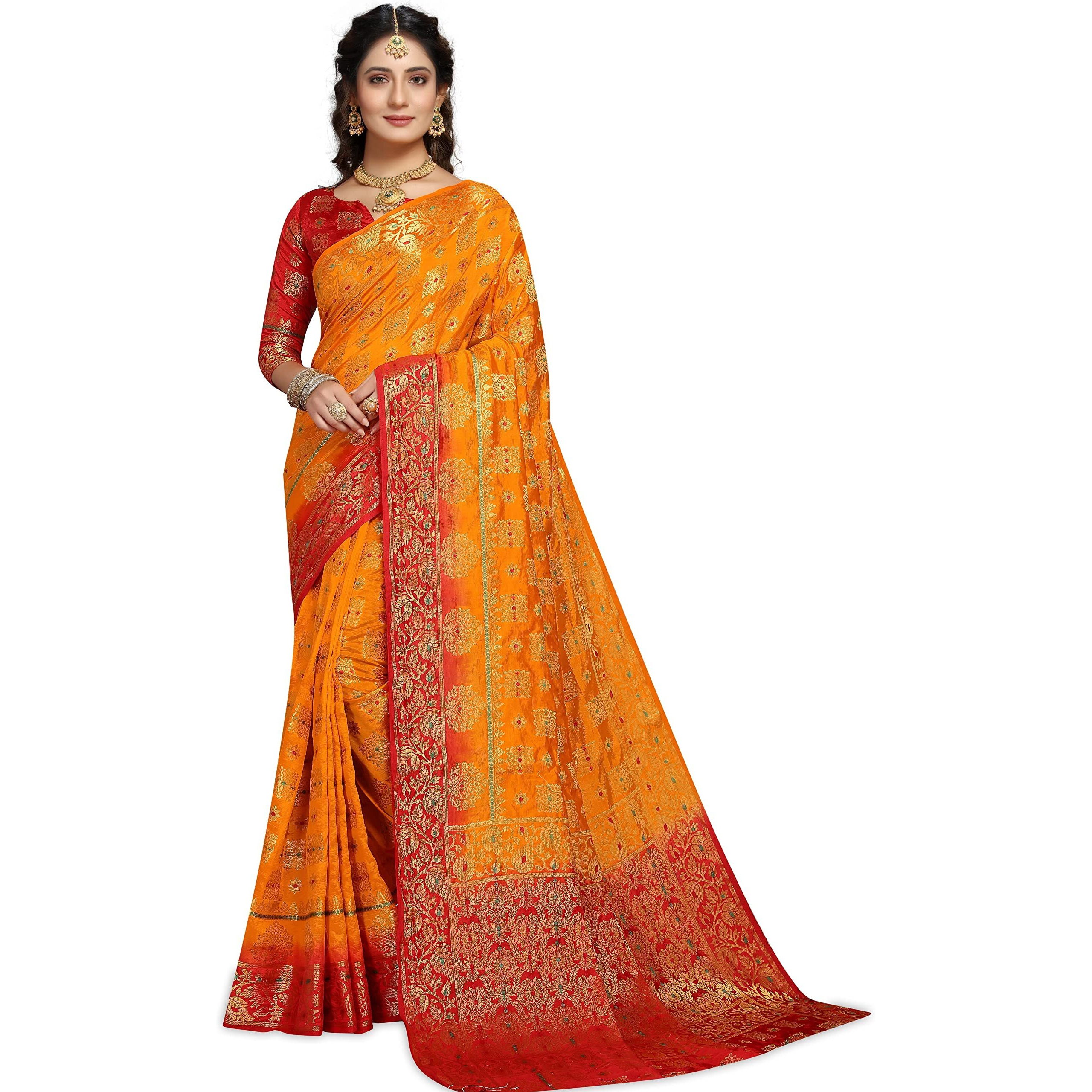 iZibra Womens Kanchipuram Pattu Sarees Kanjivaram Silk Saree for Wedding with Blouse Piece (L312) (Yellow Red)