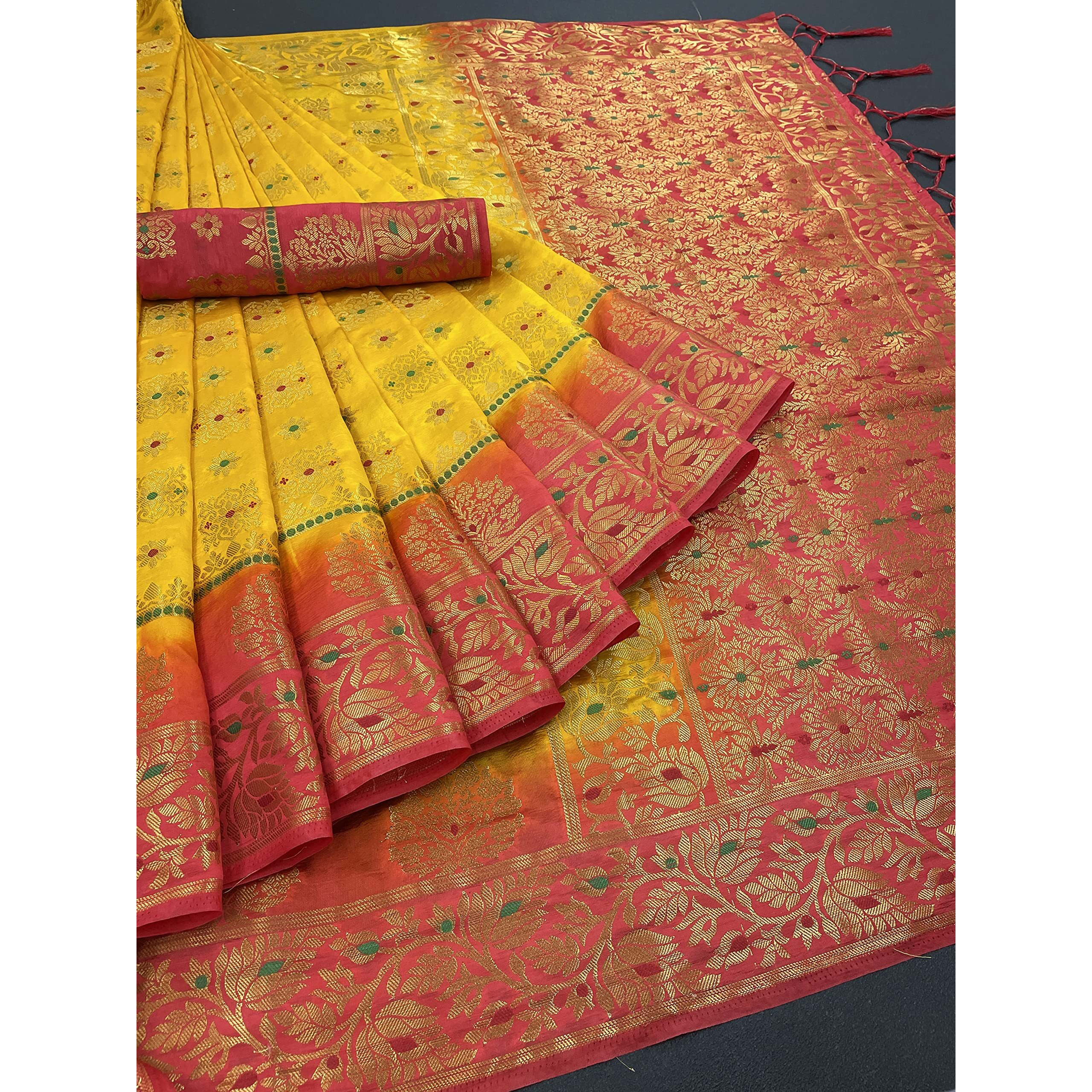 iZibra Womens Kanchipuram Pattu Sarees Kanjivaram Silk Saree for Wedding with Blouse Piece (L312) (Yellow Red)