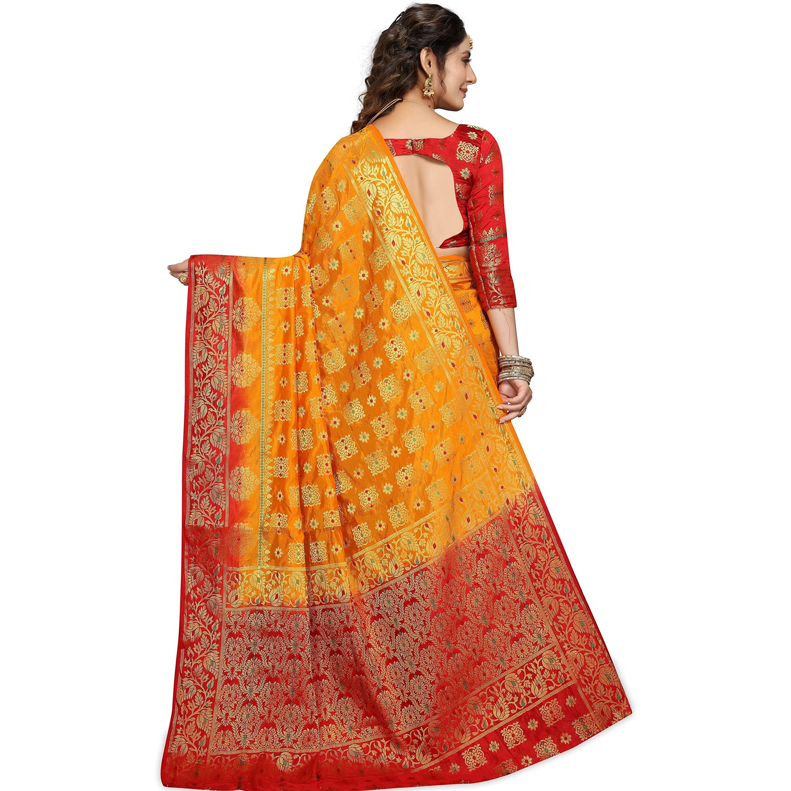 iZibra Womens Kanchipuram Pattu Sarees Kanjivaram Silk Saree for Wedding with Blouse Piece (L312) (Yellow Red)