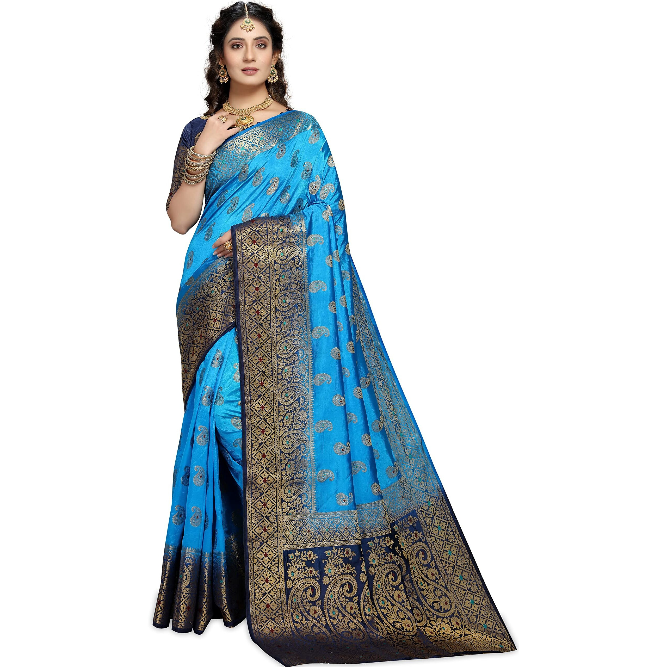 Izibra Womens Kanchipuram Silk Saree With Blouse Piece (Keri-Meena_Sky Blue Navy Blue)