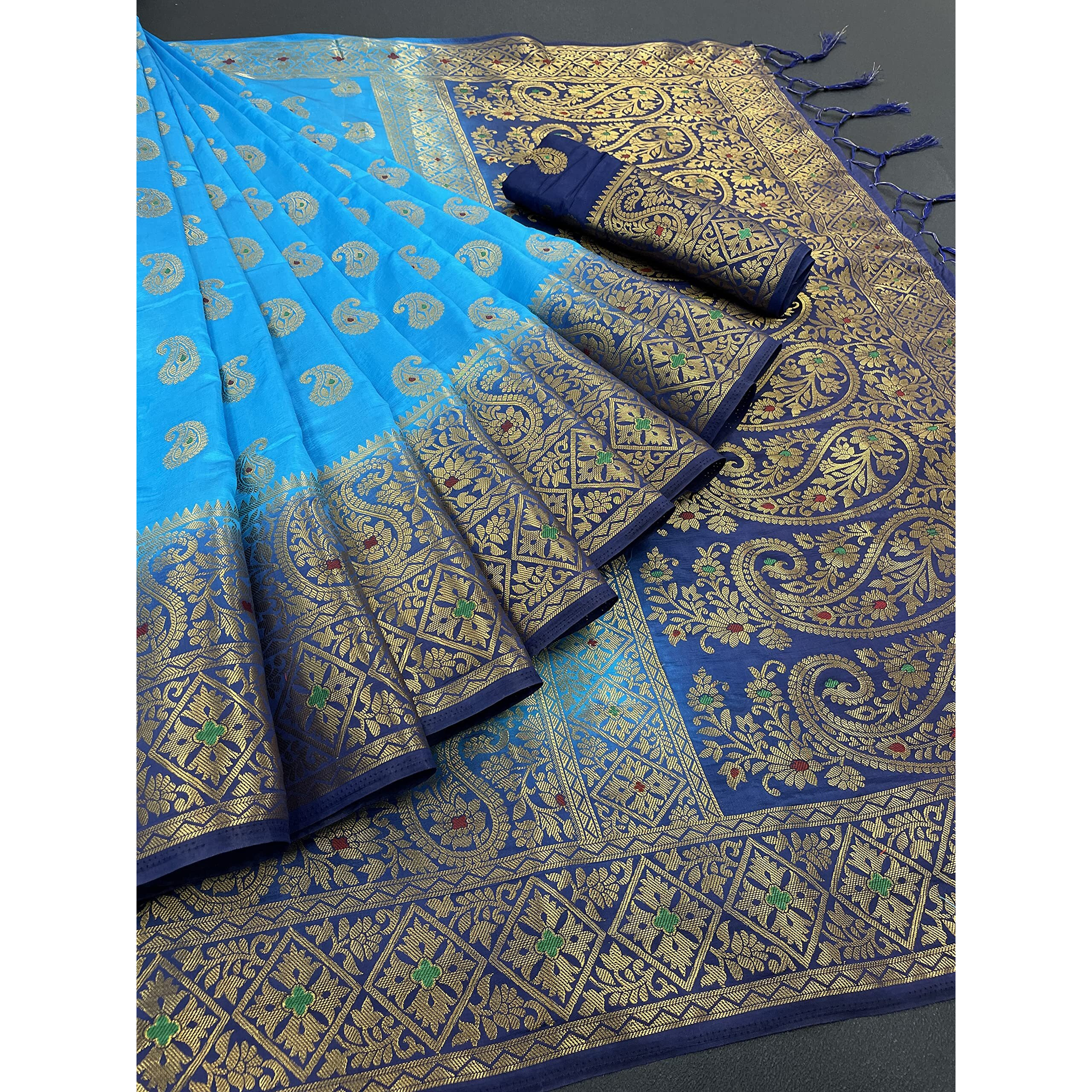 Izibra Womens Kanchipuram Silk Saree With Blouse Piece (Keri-Meena_Sky Blue Navy Blue)