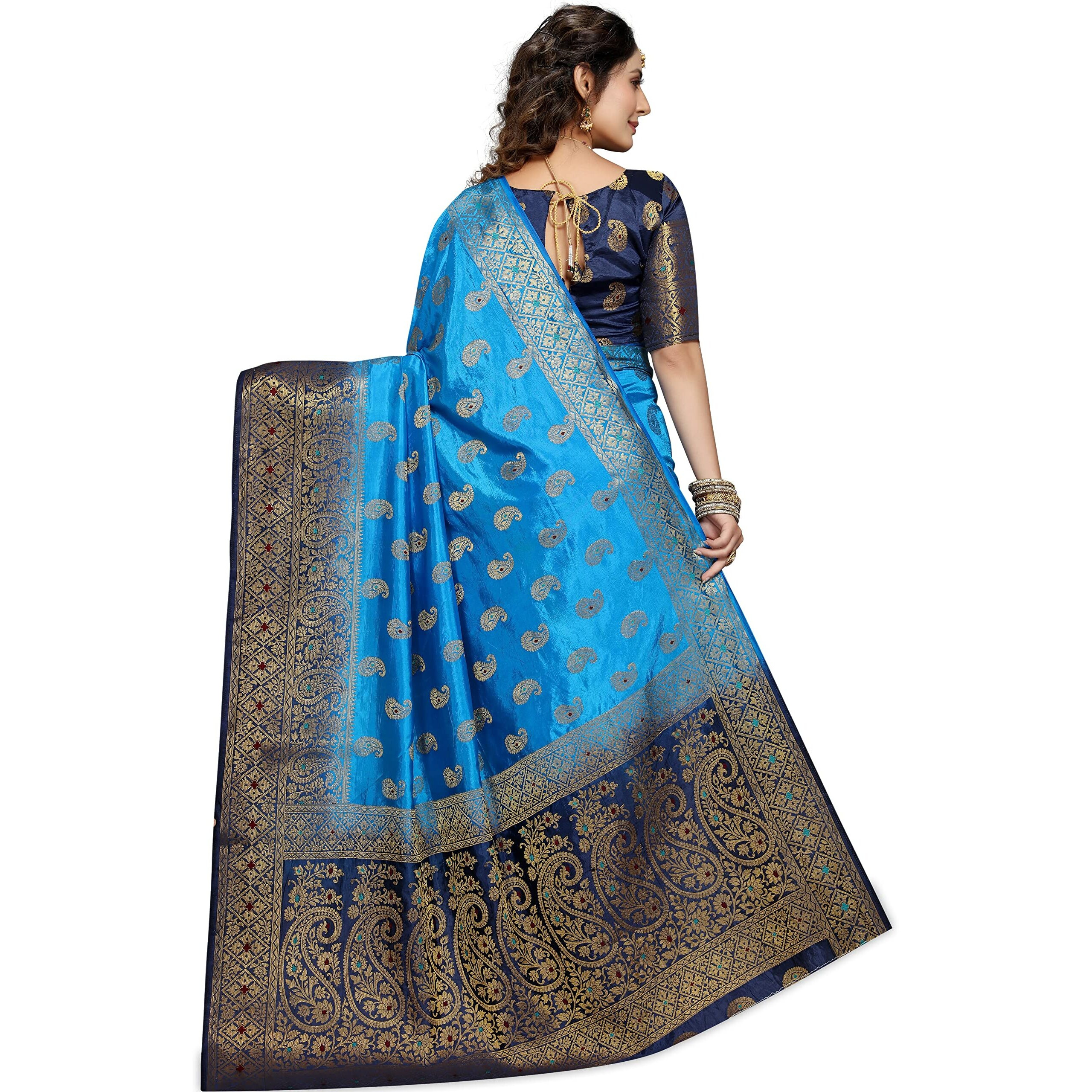 Izibra Womens Kanchipuram Silk Saree With Blouse Piece (Keri-Meena_Sky Blue Navy Blue)