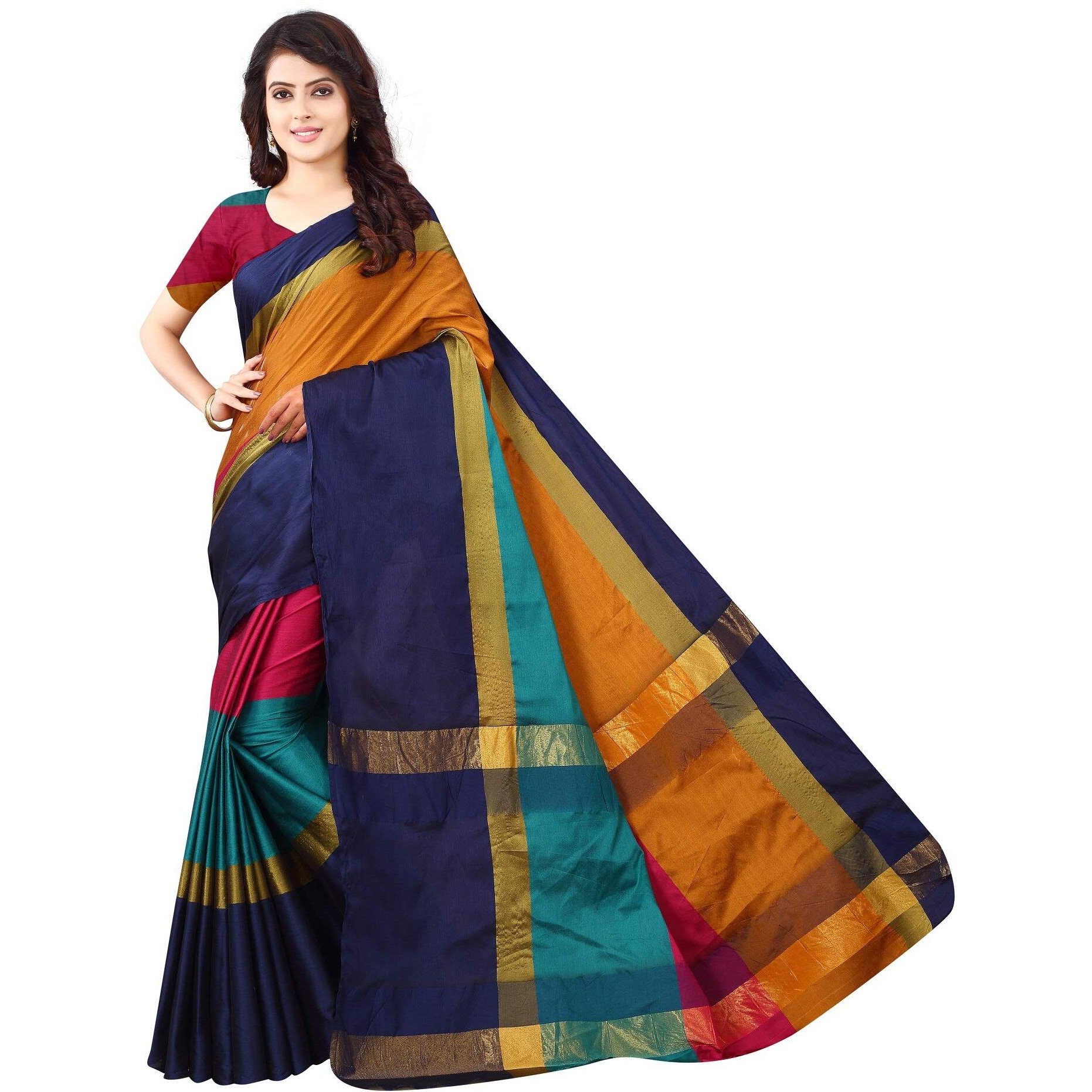 GRECIILOOKS Saree for Women| Cotton Silk Color-blocked Solid Sarees| Shaded Lining & colorful Tassles Pallav| Saree with Unstitched Blouse| Occasional Wear Saree (Yellow)