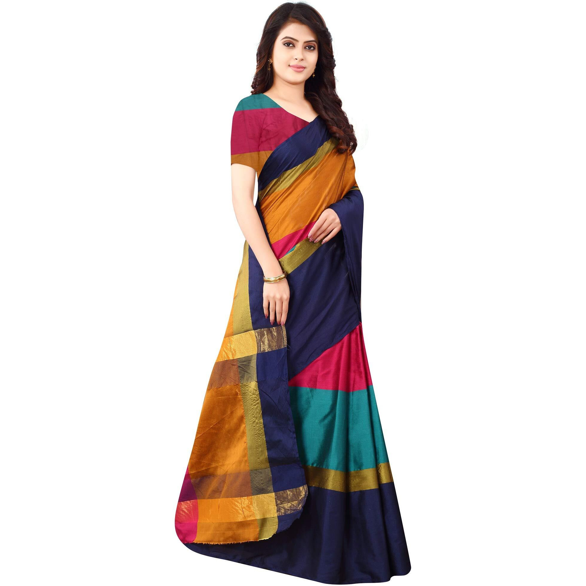 GRECIILOOKS Saree for Women| Cotton Silk Color-blocked Solid Sarees| Shaded Lining & colorful Tassles Pallav| Saree with Unstitched Blouse| Occasional Wear Saree (Yellow)