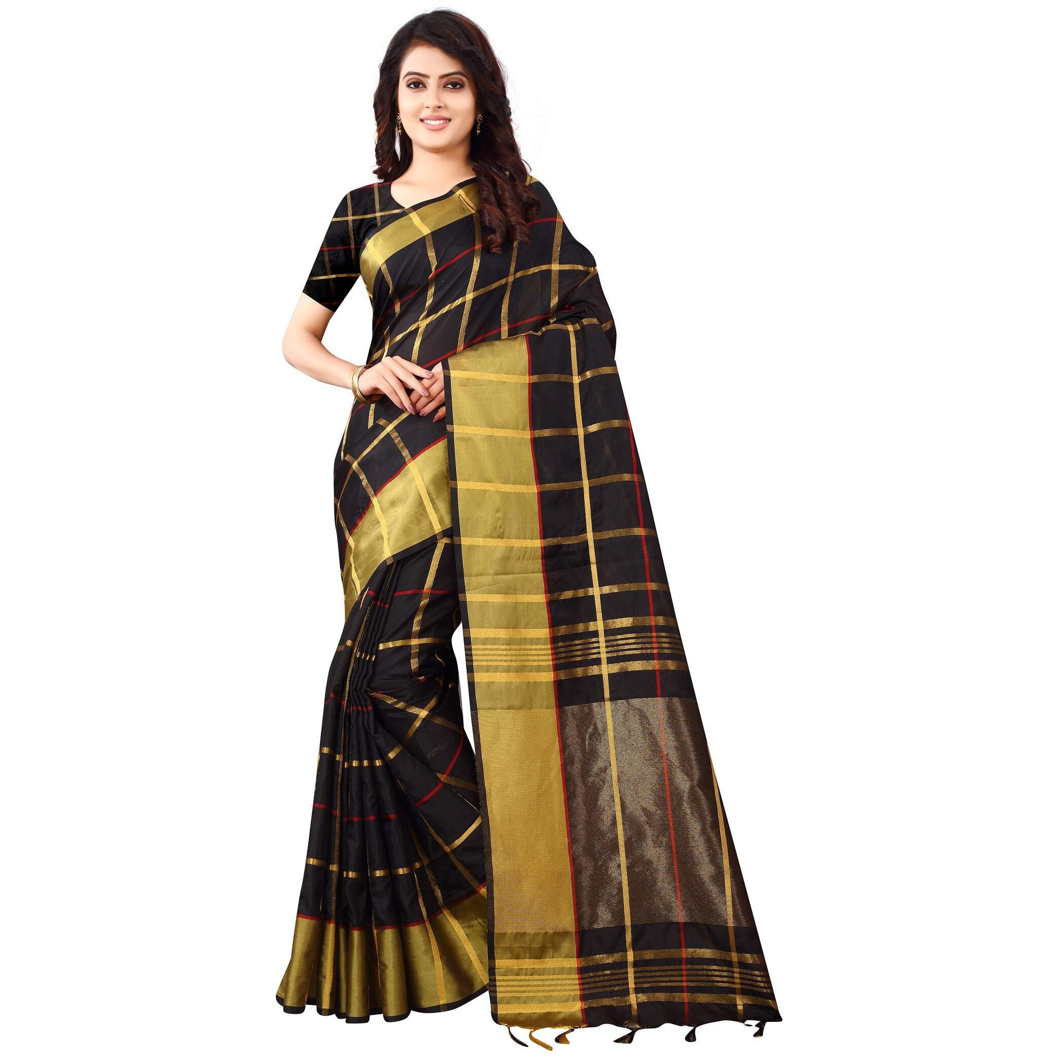 Greciilooks Womens Womens Banarasi Cotton Silk Cotton Regular Fit Saree (Black)