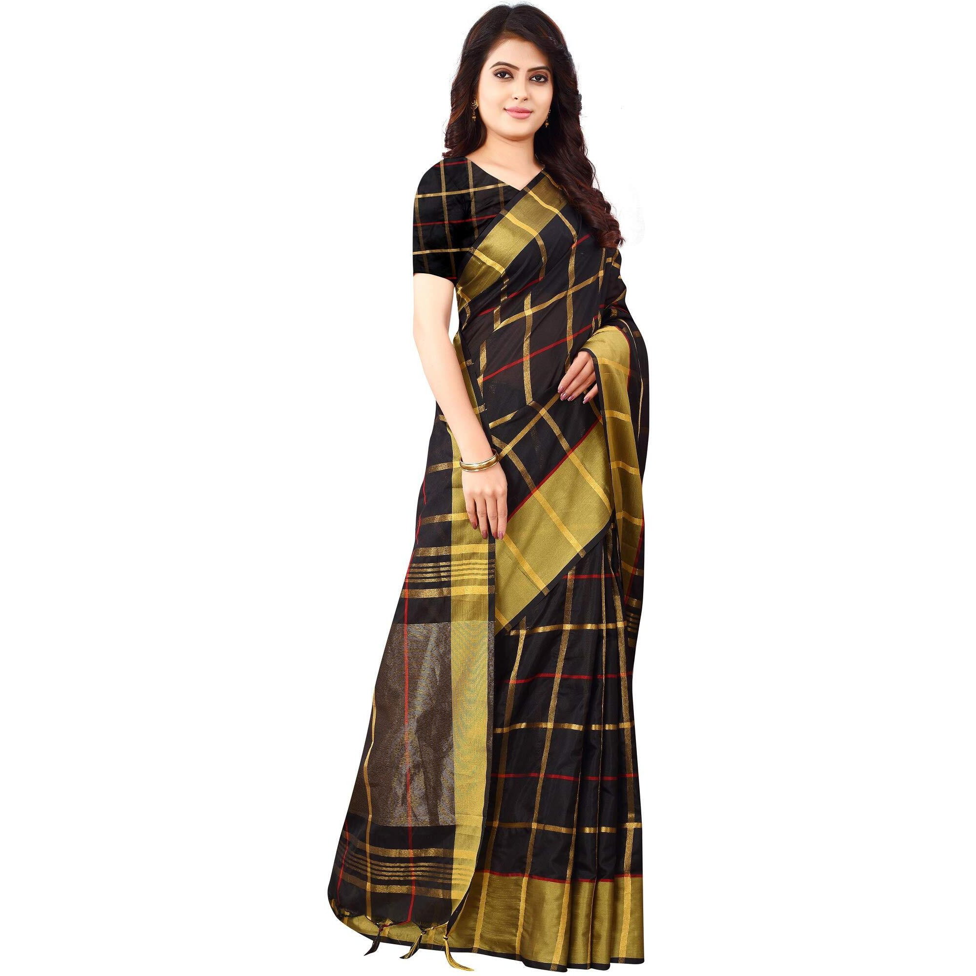 Greciilooks Womens Womens Banarasi Cotton Silk Cotton Regular Fit Saree (Black)