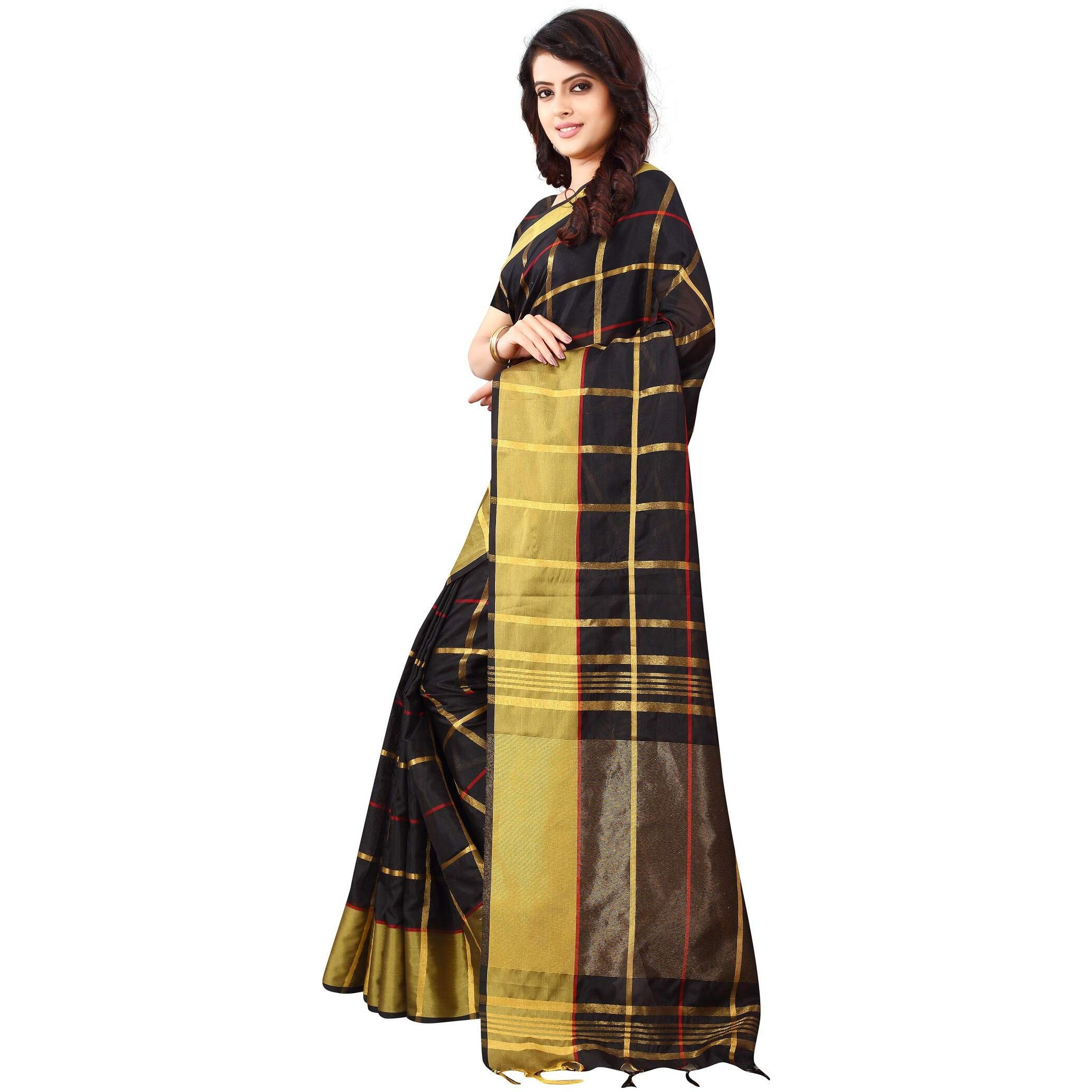 Greciilooks Womens Womens Banarasi Cotton Silk Cotton Regular Fit Saree (Black)