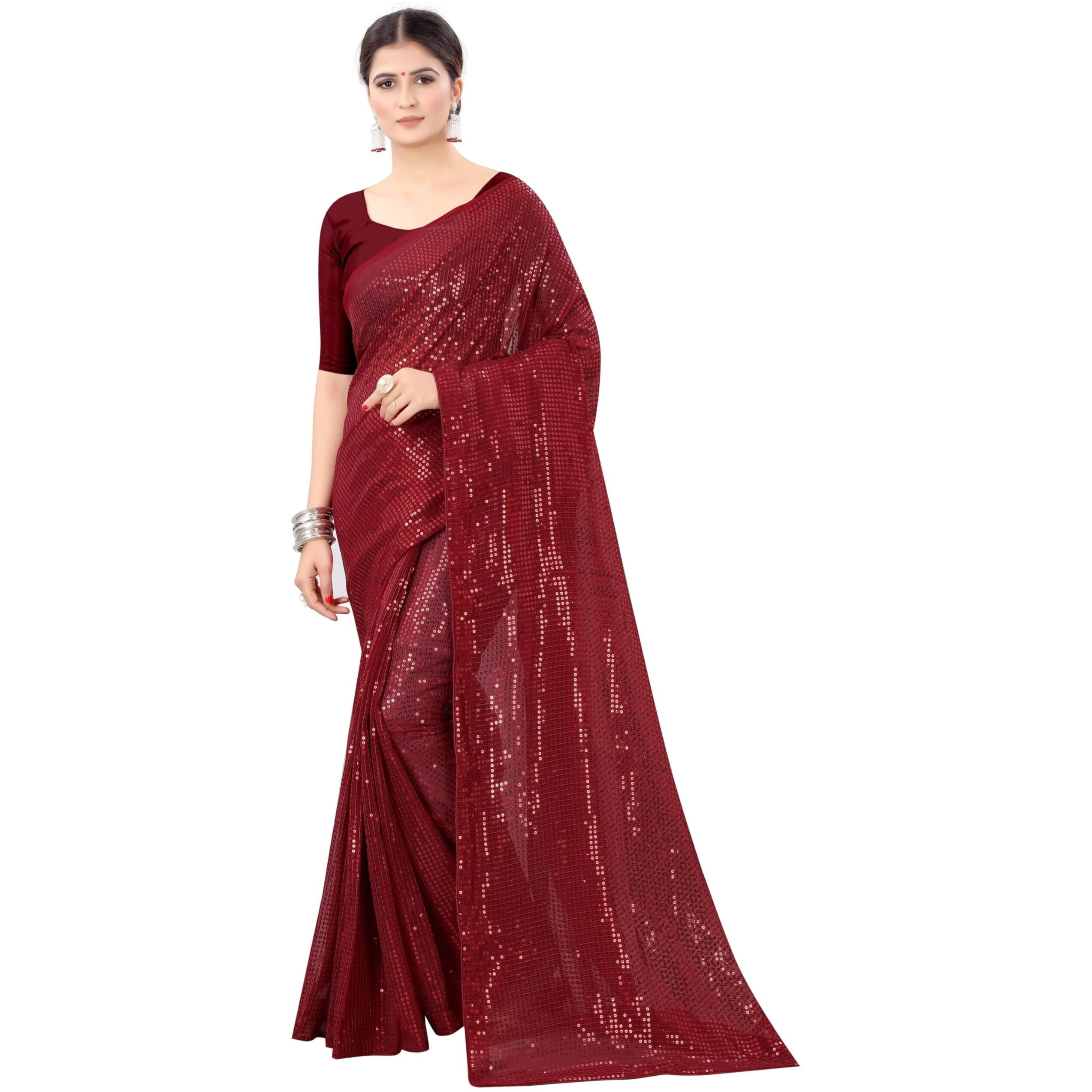 b bella creation Womens Pure Georgette sequence saree with unstiched blouse piece(Free size)