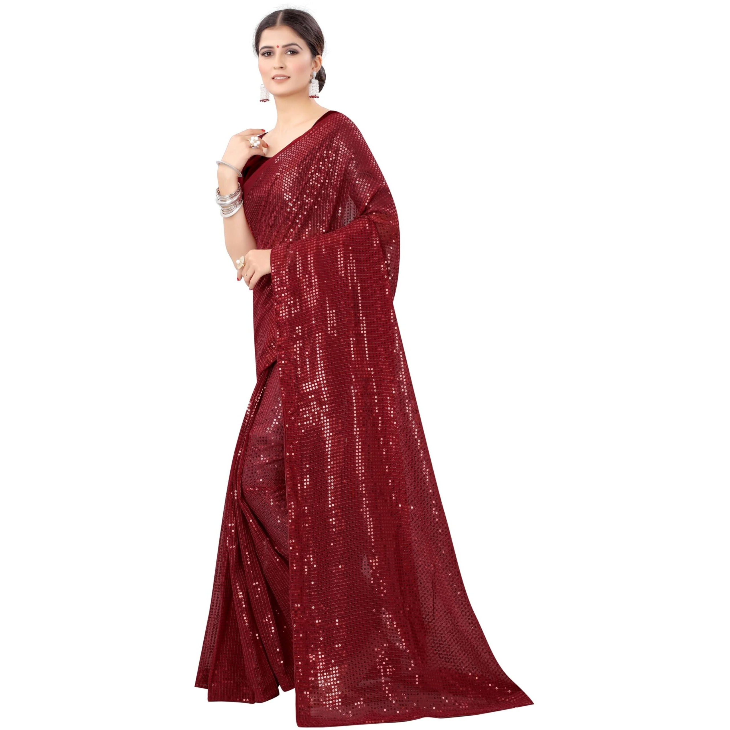 b bella creation Womens Pure Georgette sequence saree with unstiched blouse piece(Free size)