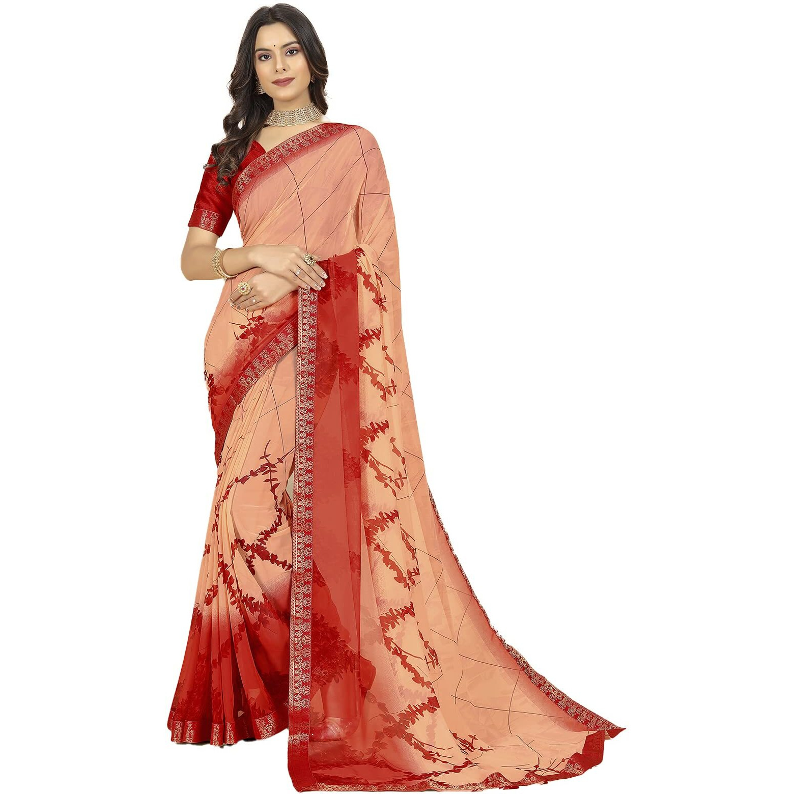 rangita Women Peach Abstract Printed Georgette Saree With Blouse Piece