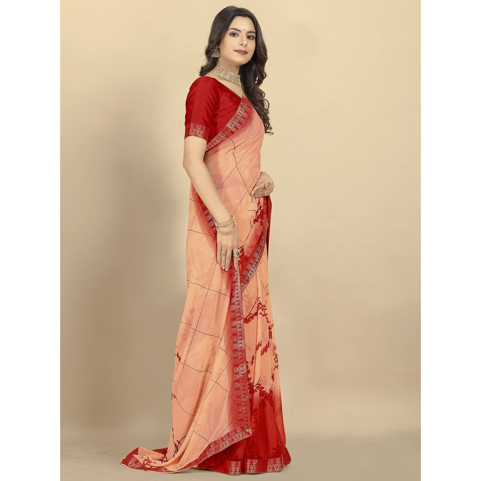 rangita Women Peach Abstract Printed Georgette Saree With Blouse Piece