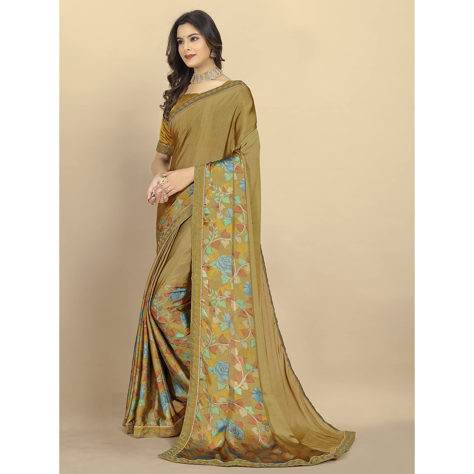 rangita Women Abstract Printed Georgette Saree With Blouse Piece - Camel