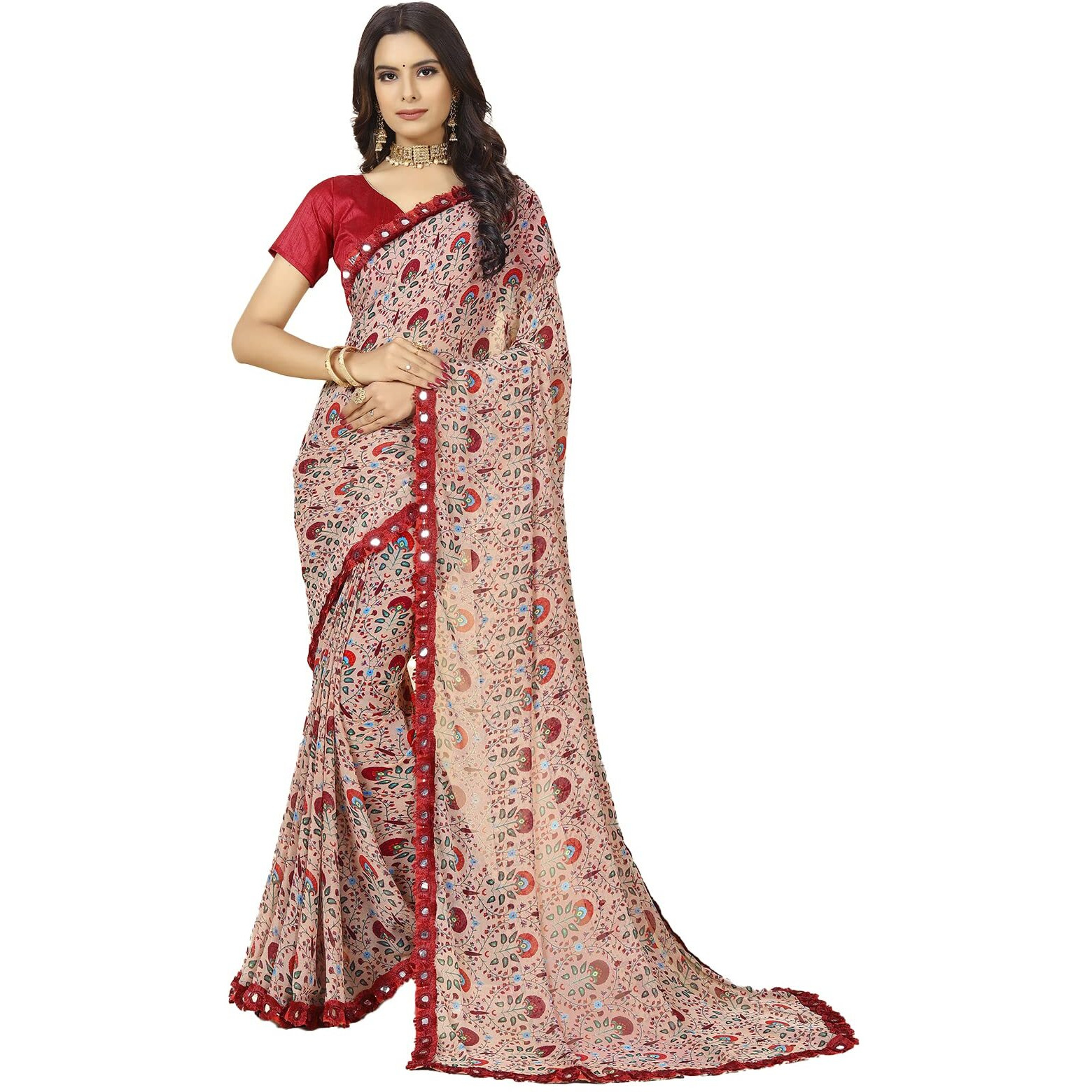 rangita Women Floral Printed Georgette Saree With Blouse Piece - Rose Gold (SIZE 5.5 MTR)