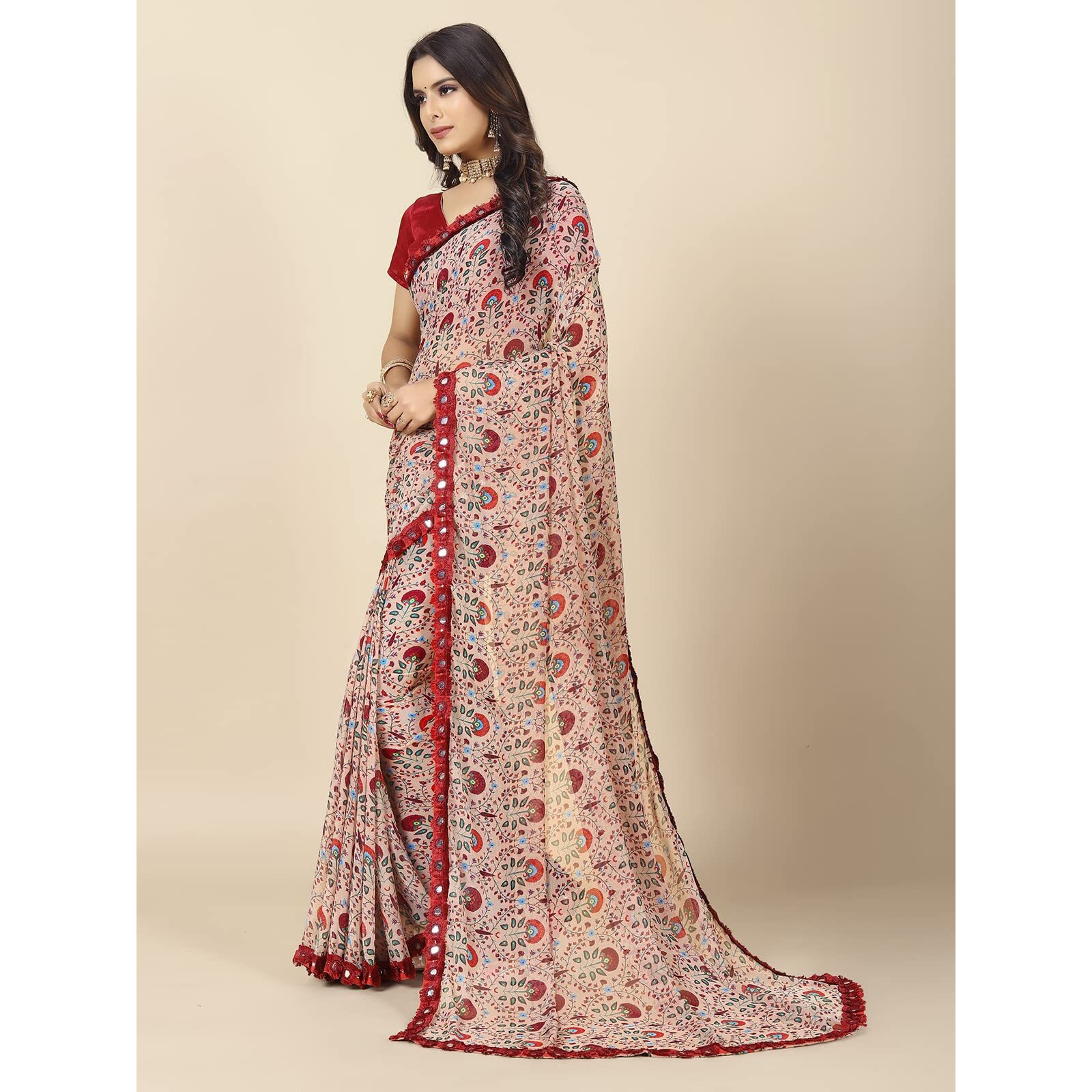 rangita Women Floral Printed Georgette Saree With Blouse Piece - Rose Gold (SIZE 5.5 MTR)