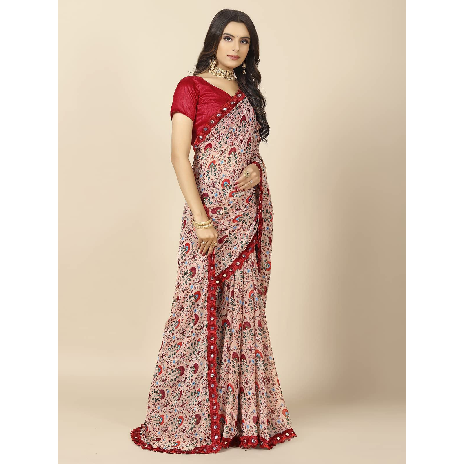 rangita Women Floral Printed Georgette Saree With Blouse Piece - Rose Gold (SIZE 5.5 MTR)