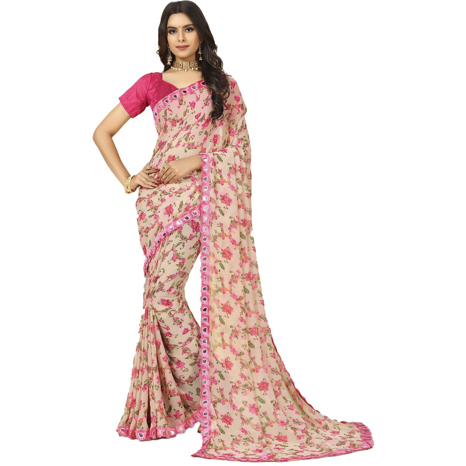 rangita Women Floral Printed Georgette Saree With Blouse Piece - Pink (SIZE 5.5 MTR)